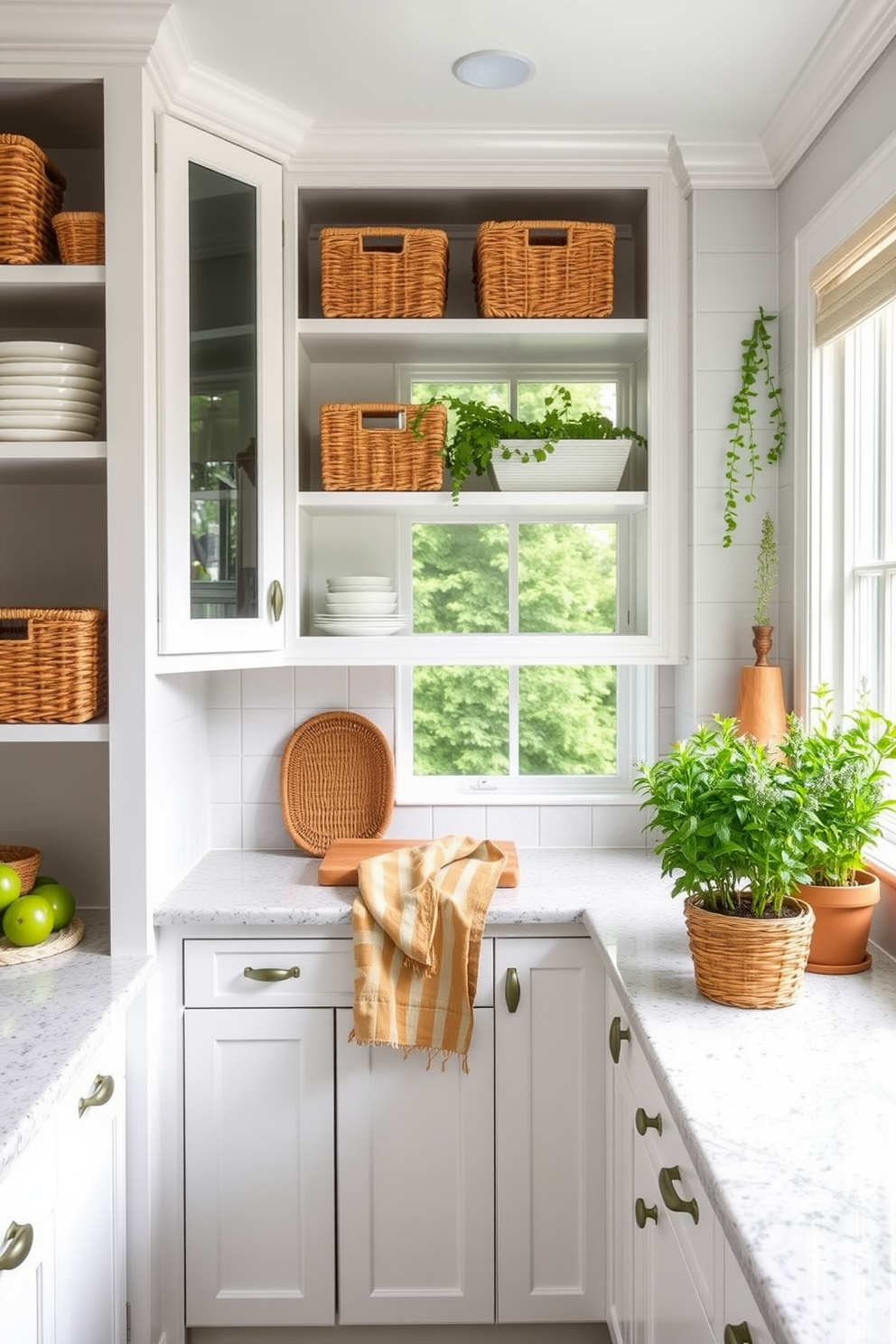 A bright and airy summer kitchen with white cabinetry and open shelving. Woven baskets are used for storage, adding a touch of warmth and texture to the space. The countertops are a light granite, complementing the fresh green accents throughout the kitchen. Potted herbs sit on the windowsill, bringing a lively and inviting feel to the room.