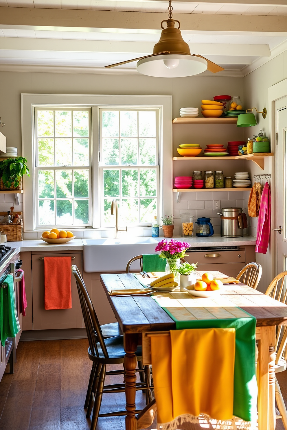 A bright and inviting summer kitchen adorned with cheerful dish towels in vibrant colors. The countertops are topped with fresh fruits and herbs, while open shelves display colorful dishware and mason jars filled with seasonal ingredients. Sunlight streams through the large windows, illuminating the space and creating a warm atmosphere. A rustic wooden dining table is set for a casual meal, surrounded by mismatched chairs that add to the eclectic charm.