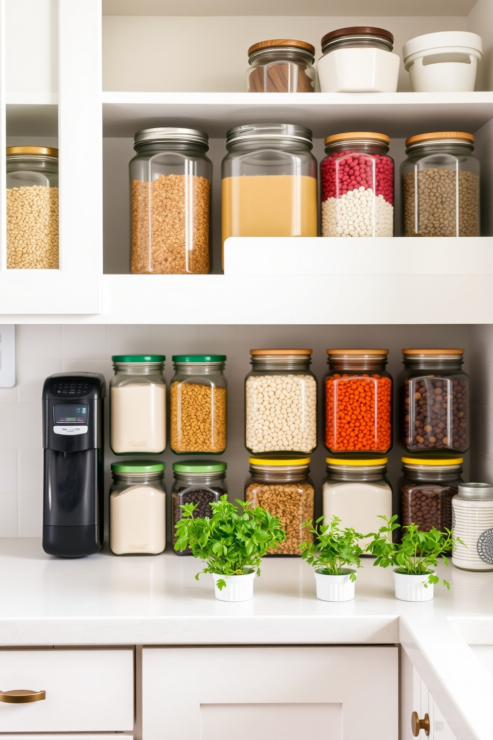 A bright and airy summer kitchen featuring clear jars for pantry organization. The jars are neatly arranged on open shelves, showcasing colorful ingredients like grains, spices, and dried fruits. The kitchen has a light color palette with white cabinetry and natural wood accents. Fresh herbs in small pots are placed on the countertop, adding a touch of greenery and vibrancy to the space.