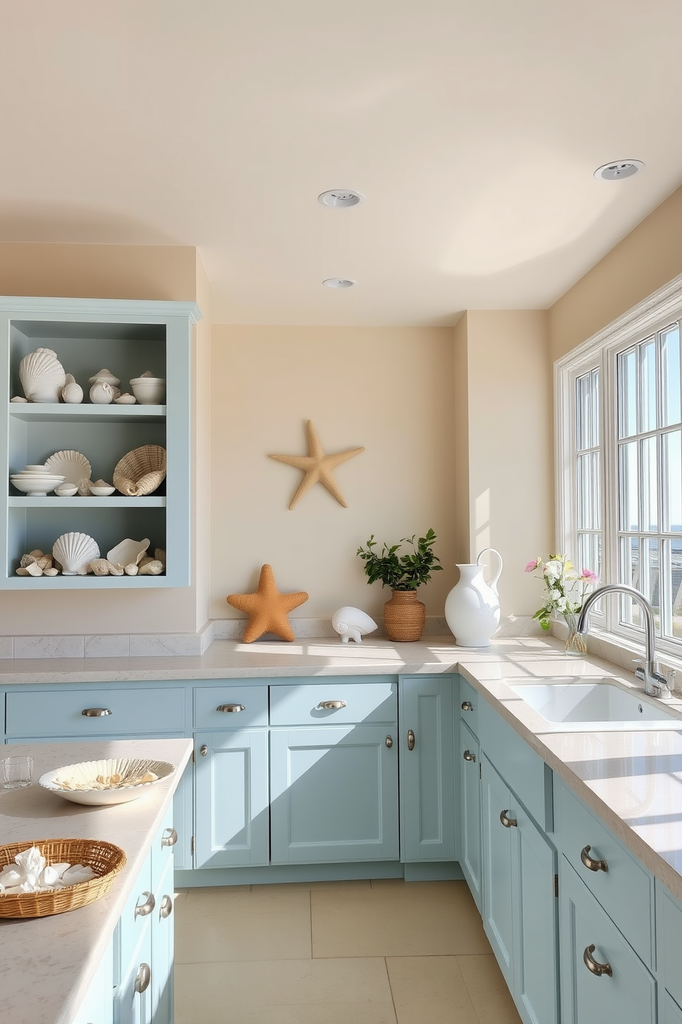 A bright and airy summer kitchen adorned with beachy decor. Seashells of various shapes and sizes are artfully arranged on open shelves and the countertop. Light blue cabinetry complements the sandy beige walls, creating a serene coastal vibe. A large window allows natural light to flood the space, showcasing a view of the ocean.