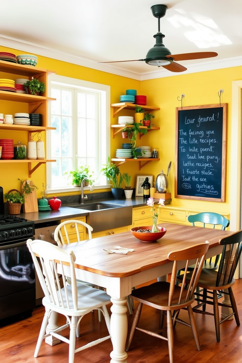 A vibrant summer kitchen filled with natural light. The walls are painted a cheerful yellow, and open shelves display colorful dishware and potted herbs. A fun chalkboard is mounted on one wall, inviting family and friends to leave notes and recipes. A rustic wooden table with mismatched chairs creates an inviting space for casual dining and entertaining.