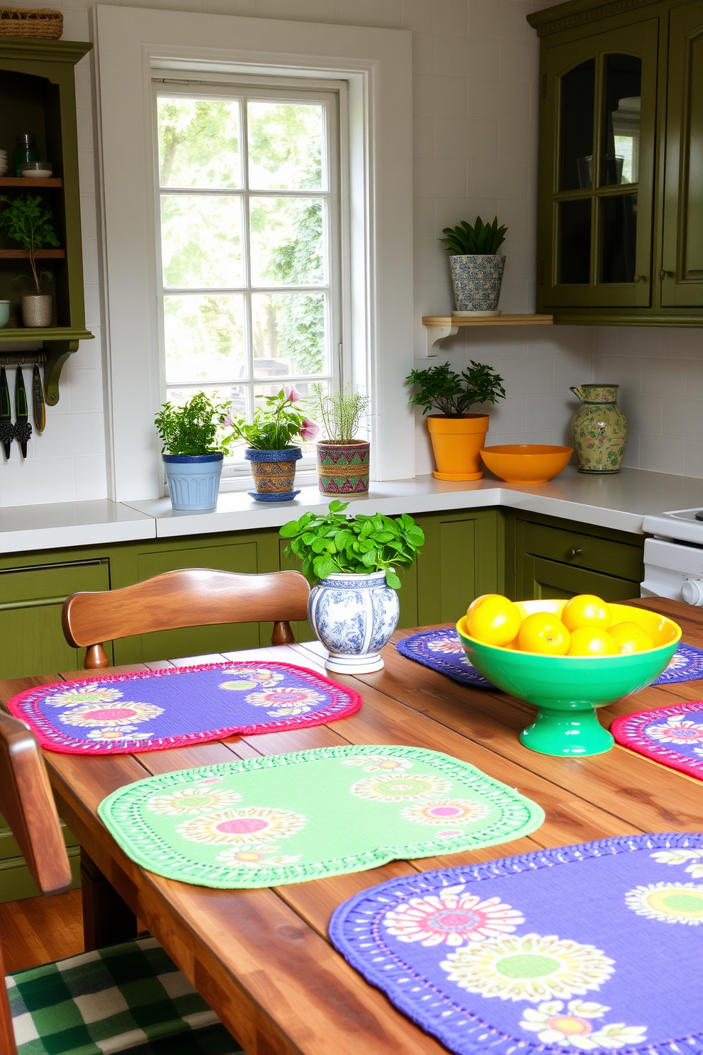 A vibrant summer kitchen adorned with colorful placemats on a rustic wooden dining table. Fresh herbs in decorative pots sit on the windowsill, while bright fruit bowls add a cheerful touch to the countertop.