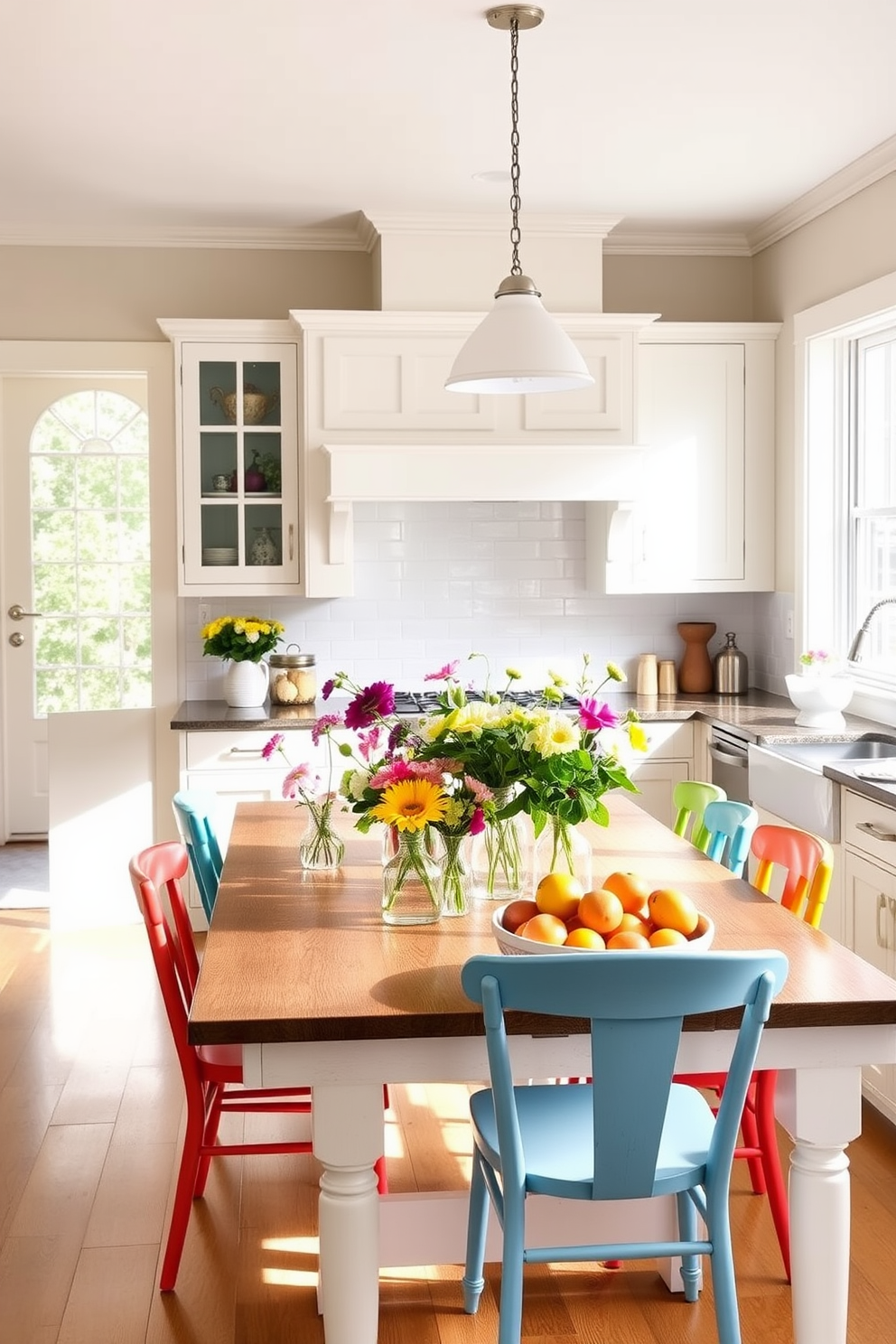 A bright and airy summer kitchen filled with natural light. The space features a large farmhouse table surrounded by colorful chairs, with a vibrant centerpiece of fresh flowers in assorted vases. The cabinets are painted in a soft pastel hue, complementing the white subway tile backsplash. A bowl of fresh fruits sits on the countertop, adding a pop of color and a touch of summer freshness.