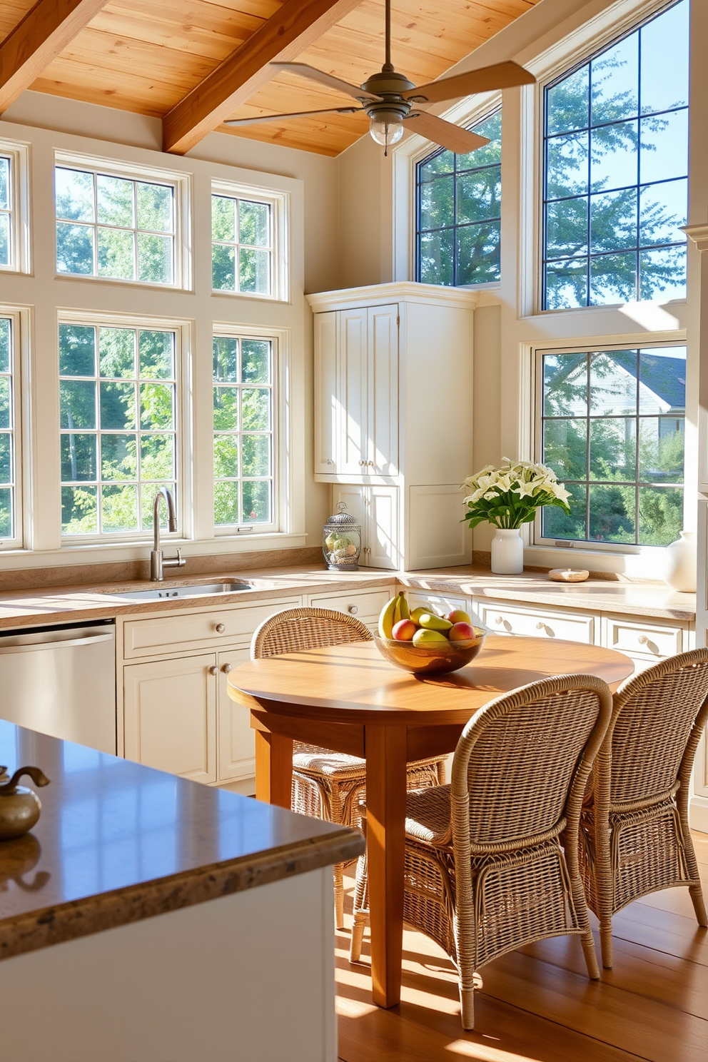 A bright and airy summer kitchen with light-colored cabinets that create a fresh and inviting atmosphere. The countertops are adorned with natural stone, complemented by a colorful fruit bowl that adds a touch of vibrancy. Large windows allow abundant natural light to flood the space, enhancing the cheerful ambiance. A cozy dining nook with wicker chairs and a wooden table invites family gatherings and casual meals.