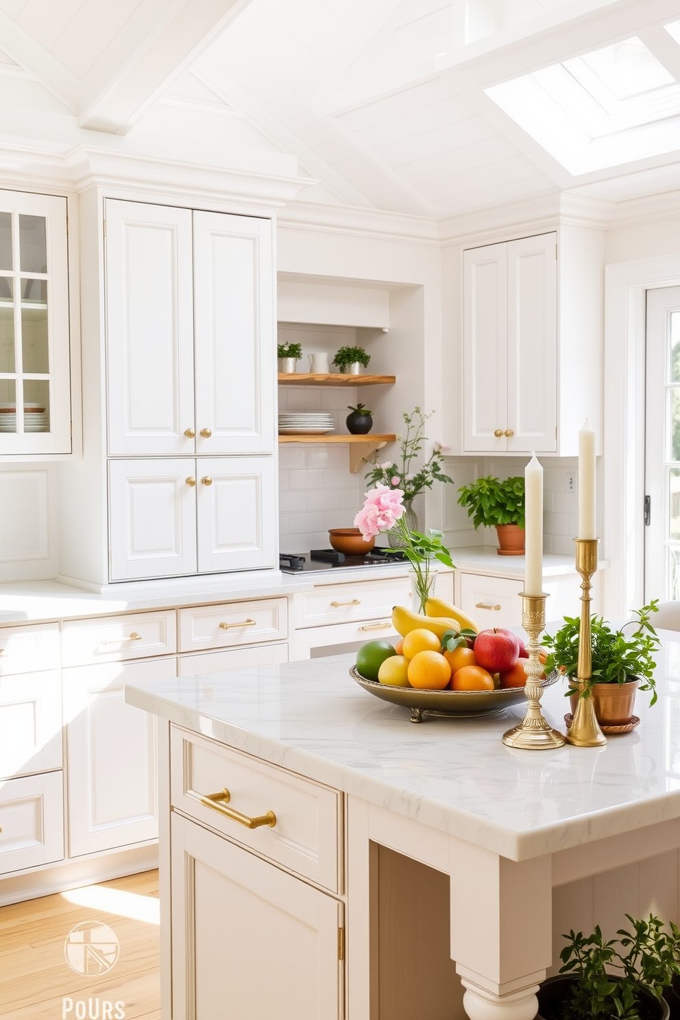 A bright and airy summer kitchen filled with natural light. The space features white cabinetry with gold hardware, complemented by a light wood island topped with a marble surface. On the countertop, an arrangement of colorful summer fruits is displayed alongside elegant candles that emit a refreshing scent of citrus and vanilla. The walls are painted in a soft pastel hue, and potted herbs add a touch of greenery to the decor.