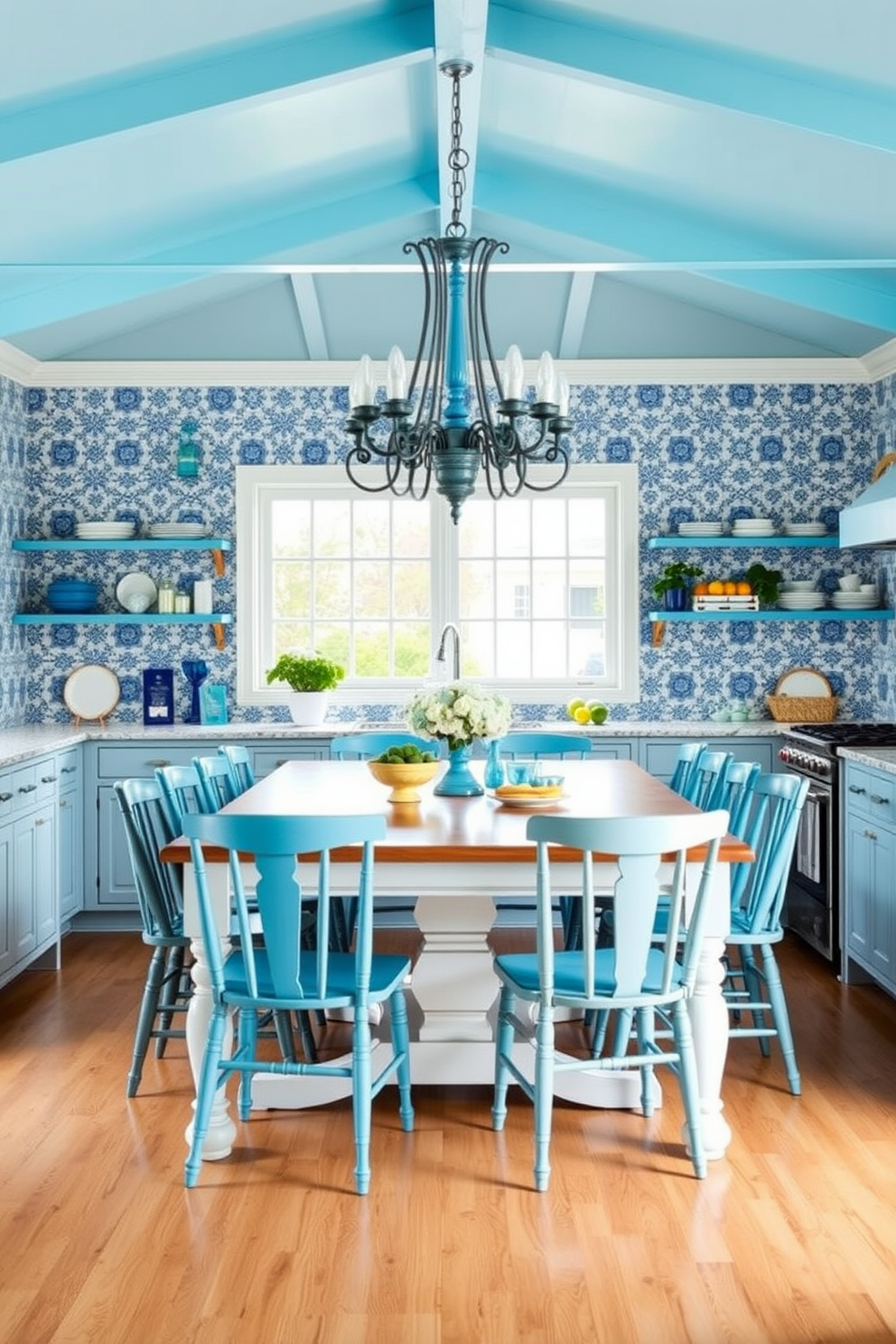 A bright summer kitchen filled with vibrant blue and white decor. The walls are adorned with blue and white patterned tiles, creating a cheerful and refreshing atmosphere. A large farmhouse table in the center is surrounded by mismatched chairs painted in shades of blue. Above the table, a statement chandelier with blue accents illuminates the space, adding a touch of elegance.