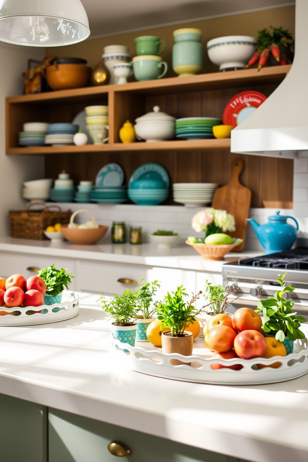 A bright and airy summer kitchen features decorative trays arranged on the countertop, showcasing fresh herbs in small pots and vibrant fruits. The open shelving displays colorful dishware and seasonal decor, creating a welcoming atmosphere perfect for entertaining.