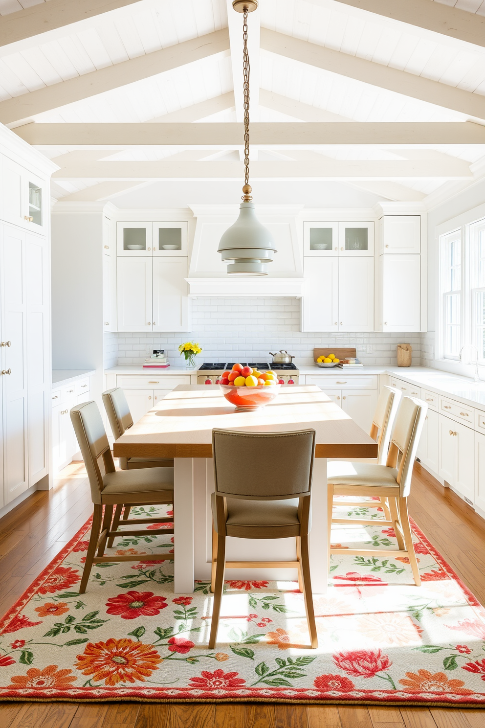 A bright and airy summer kitchen filled with natural light. The space features white cabinetry and a large island with a light wood countertop, surrounded by high-backed chairs. On the island, a vibrant fruit bowl adds a pop of color, while hanging pendant lights provide a warm glow. A rug with bright summer patterns lies under the dining table, enhancing the cheerful atmosphere.