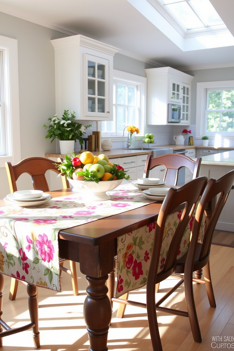 A bright and airy kitchen adorned with a seasonal table runner featuring vibrant floral patterns. The wooden dining table is set with matching dishes and a centerpiece of fresh fruits, complemented by soft, natural light streaming through the windows.