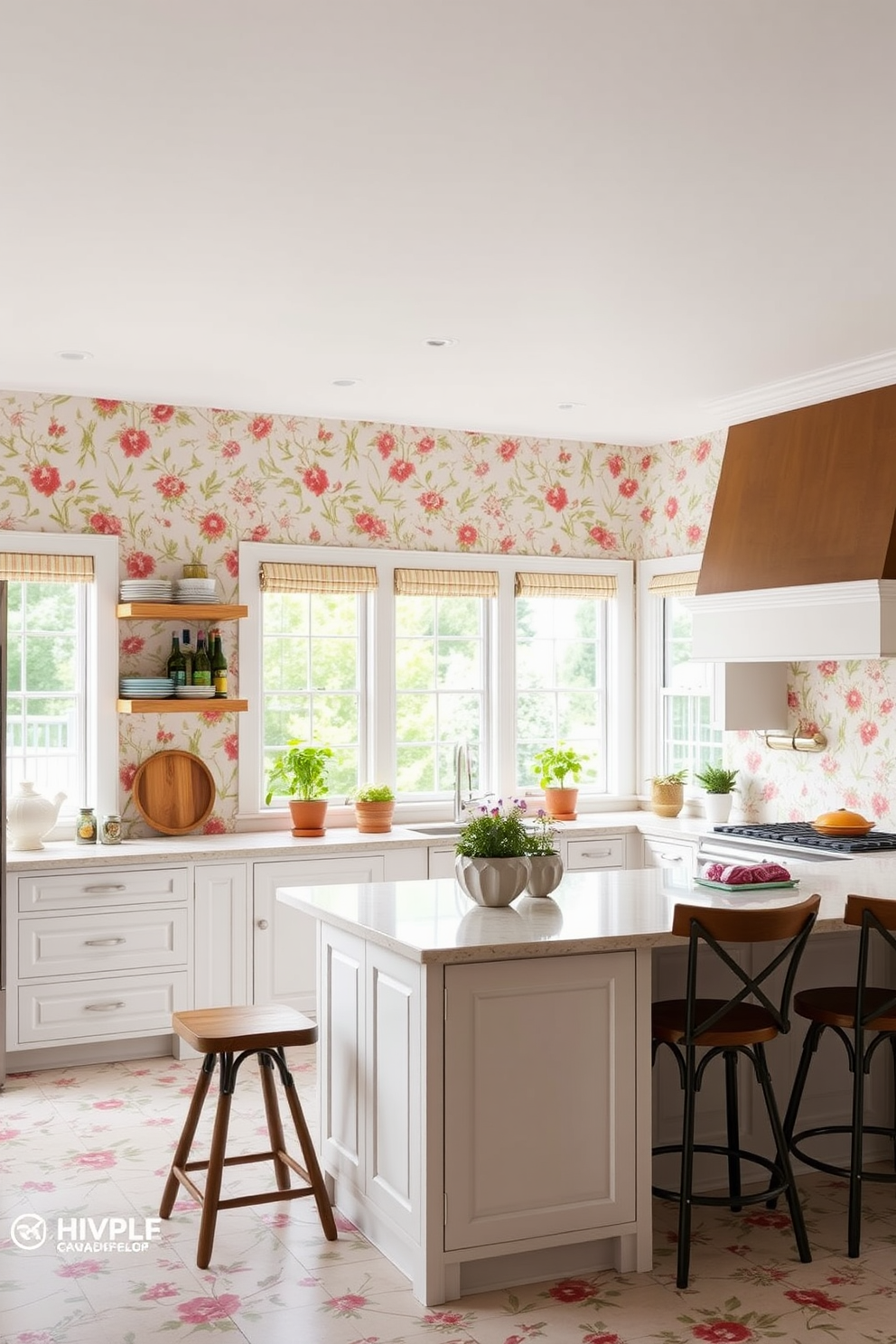 A bright and airy summer kitchen featuring removable wallpaper with a vibrant floral pattern. The cabinetry is painted in soft white, complemented by wooden accents and open shelving displaying colorful dishware. A large island takes center stage, topped with a light marble surface and surrounded by stylish bar stools. Natural light floods the space through large windows, highlighting fresh herbs in decorative pots on the windowsill.