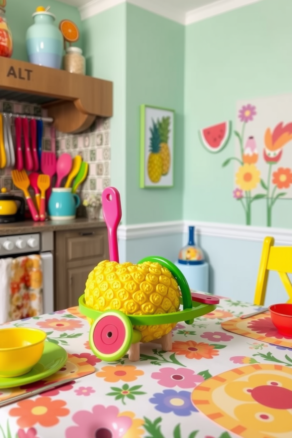 A whimsical summer-themed kitchen features vibrant and playful gadgets that bring a sense of joy to cooking. Brightly colored utensils, such as a pineapple-shaped spatula and a watermelon slicer, are displayed prominently on the countertop. The walls are adorned with cheerful artwork depicting summer fruits and flowers, creating a lively atmosphere. A cheerful tablecloth with a floral pattern covers the dining table, complemented by matching dishware and fun, colorful placemats.