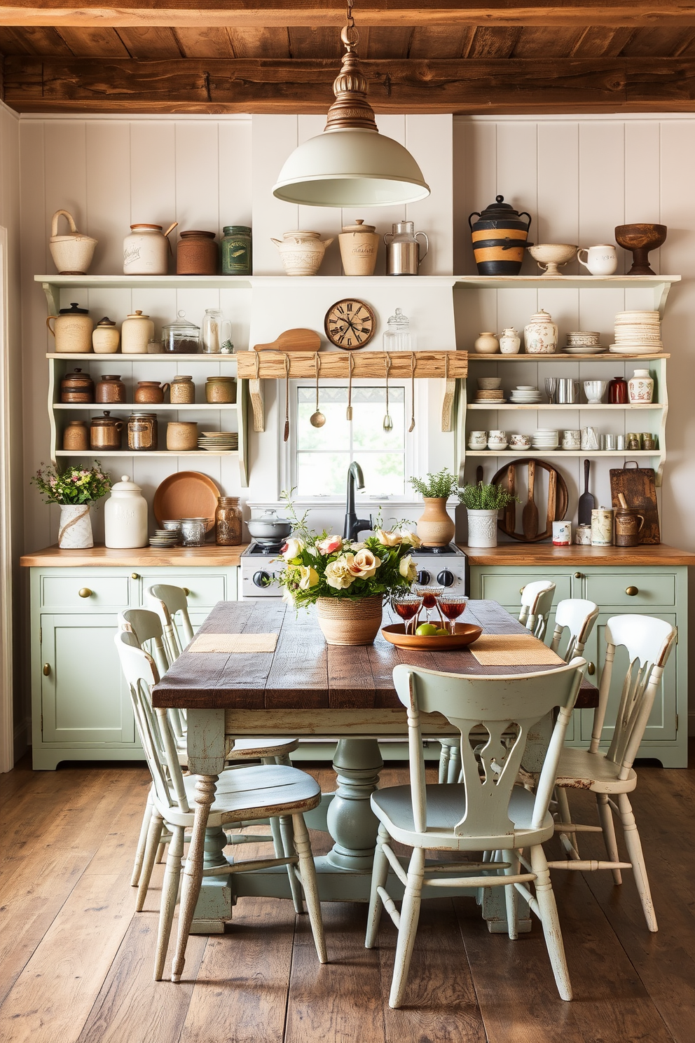 Create a charming summer kitchen filled with vintage finds that add character and warmth. Display an assortment of antique jars and rustic utensils on open shelves, complemented by a weathered farmhouse table at the center. Incorporate soft pastel colors on the walls to evoke a light and airy atmosphere. Add a collection of mismatched chairs around the table, each with its own story, to enhance the eclectic vibe.