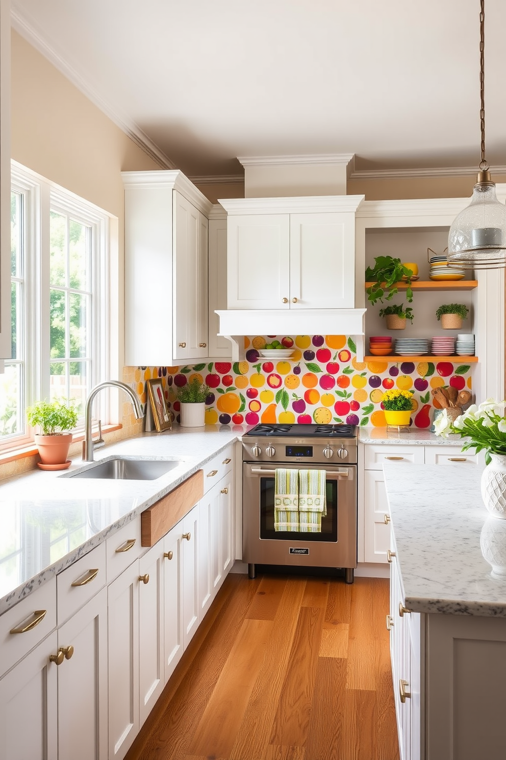 A vibrant summer kitchen featuring a fun fruit-themed backsplash that adds a playful touch. The cabinetry is painted in a fresh white, complemented by natural wood accents and an island topped with a light granite surface. Brightly colored fruit motifs in the backsplash create a cheerful atmosphere, while the open shelves display colorful dishware and potted herbs. Large windows allow natural light to flood the space, enhancing the lively ambiance of the kitchen.