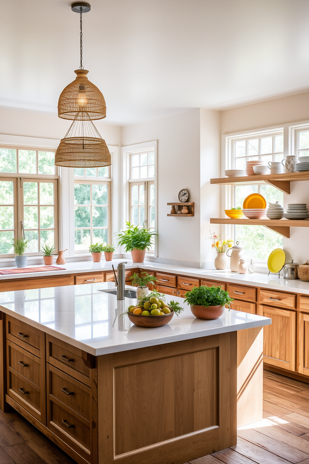 A charming summer kitchen setting featuring a spacious island with a white marble countertop and rustic wooden cabinetry. The walls are painted in a soft pastel hue, and large windows allow natural light to flood the space, creating a warm and inviting atmosphere. Hanging pendant lights with a woven design illuminate the island, adding a touch of elegance and ambiance. Fresh herbs in decorative pots line the windowsill, while colorful dishware is displayed on open shelves, enhancing the cheerful summer vibe.