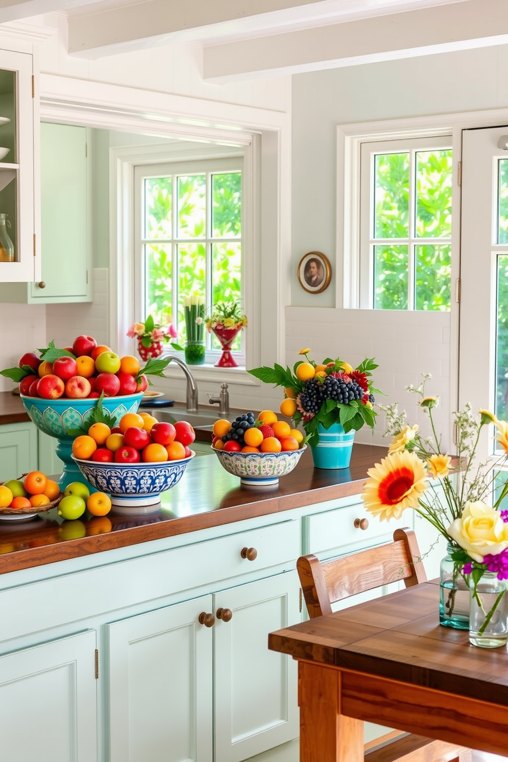 A bright and airy summer kitchen filled with natural light. Colorful bowls overflowing with seasonal fruits are artfully arranged on the countertop, creating a vibrant focal point. The cabinets are painted in a soft pastel hue, complementing the fresh and cheerful atmosphere. A rustic wooden table is set nearby, adorned with a simple floral arrangement that echoes the colors of the fruits.