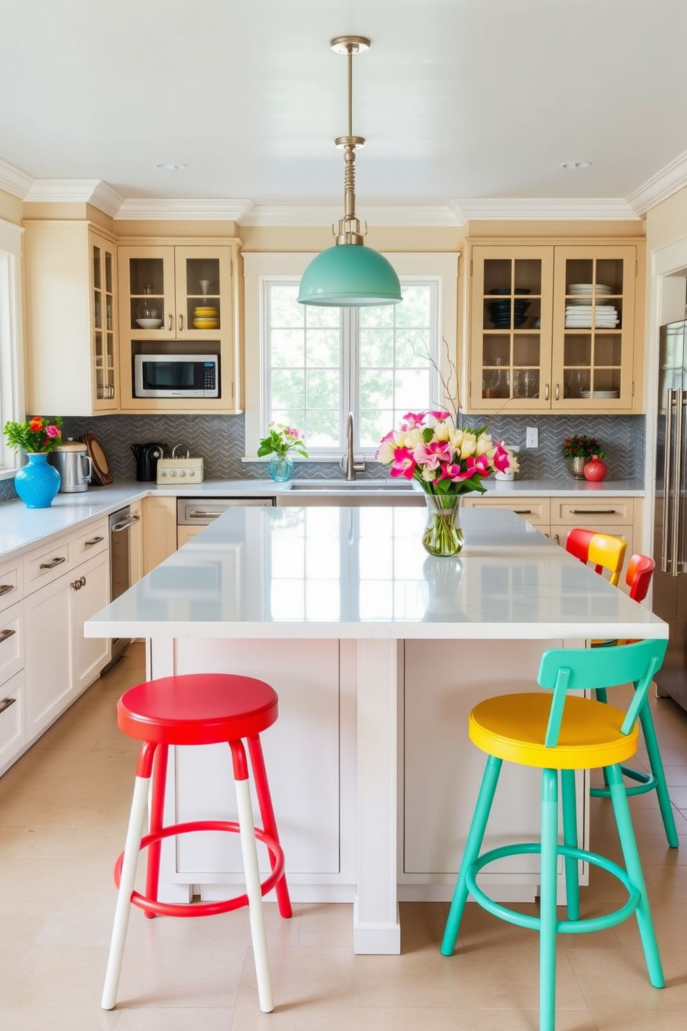 A vibrant summer kitchen featuring colorful bar stools for seating. The kitchen island is topped with a glossy white surface, surrounded by stools in bright hues of blue, yellow, and red.