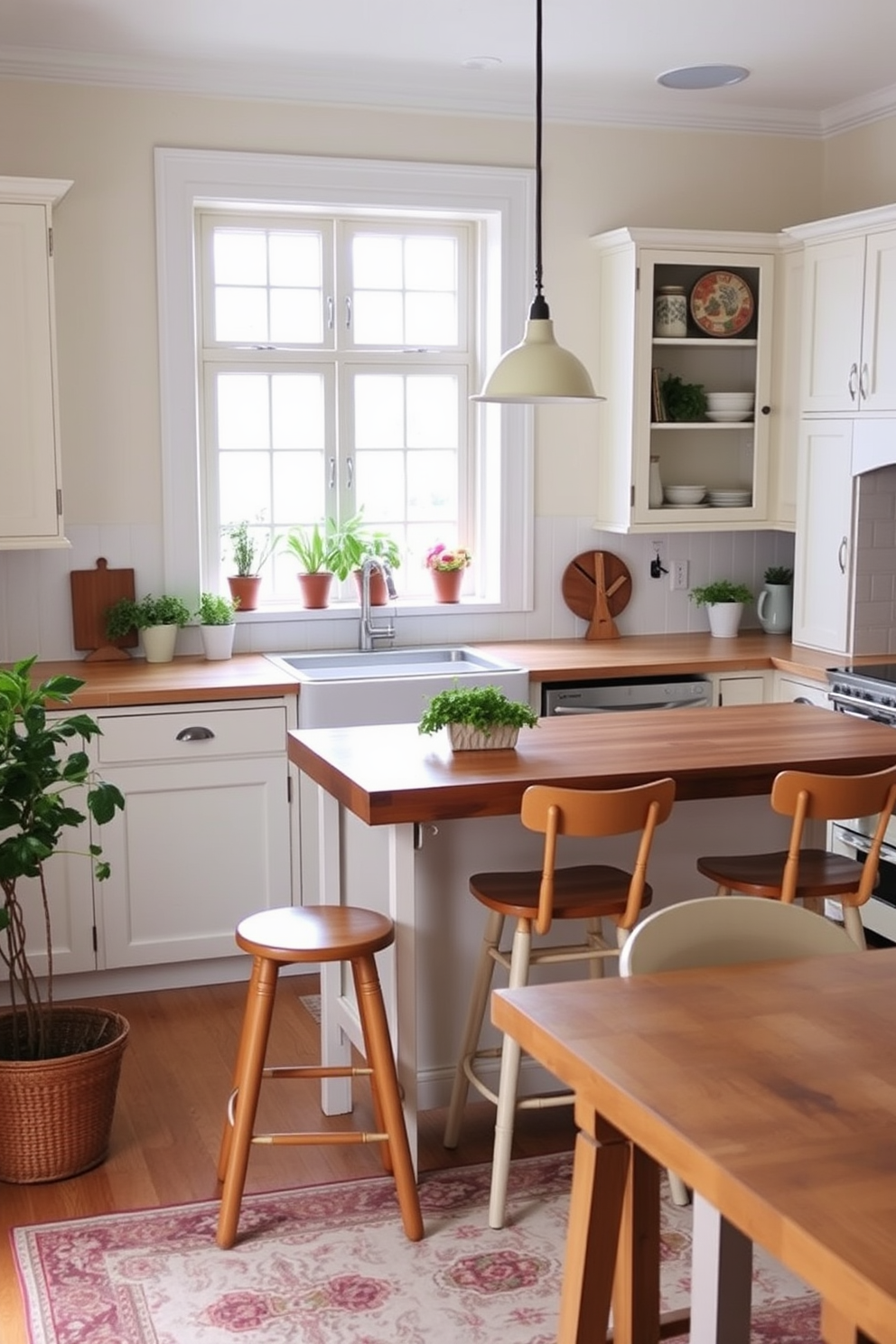 A bright summer kitchen filled with natural light. The space features a large island with a butcher block countertop surrounded by stylish bar stools. Potted herbs are arranged on the windowsill, adding a touch of greenery and freshness to the decor. The cabinets are painted in a soft pastel color, and a vintage rug lies beneath the dining table.