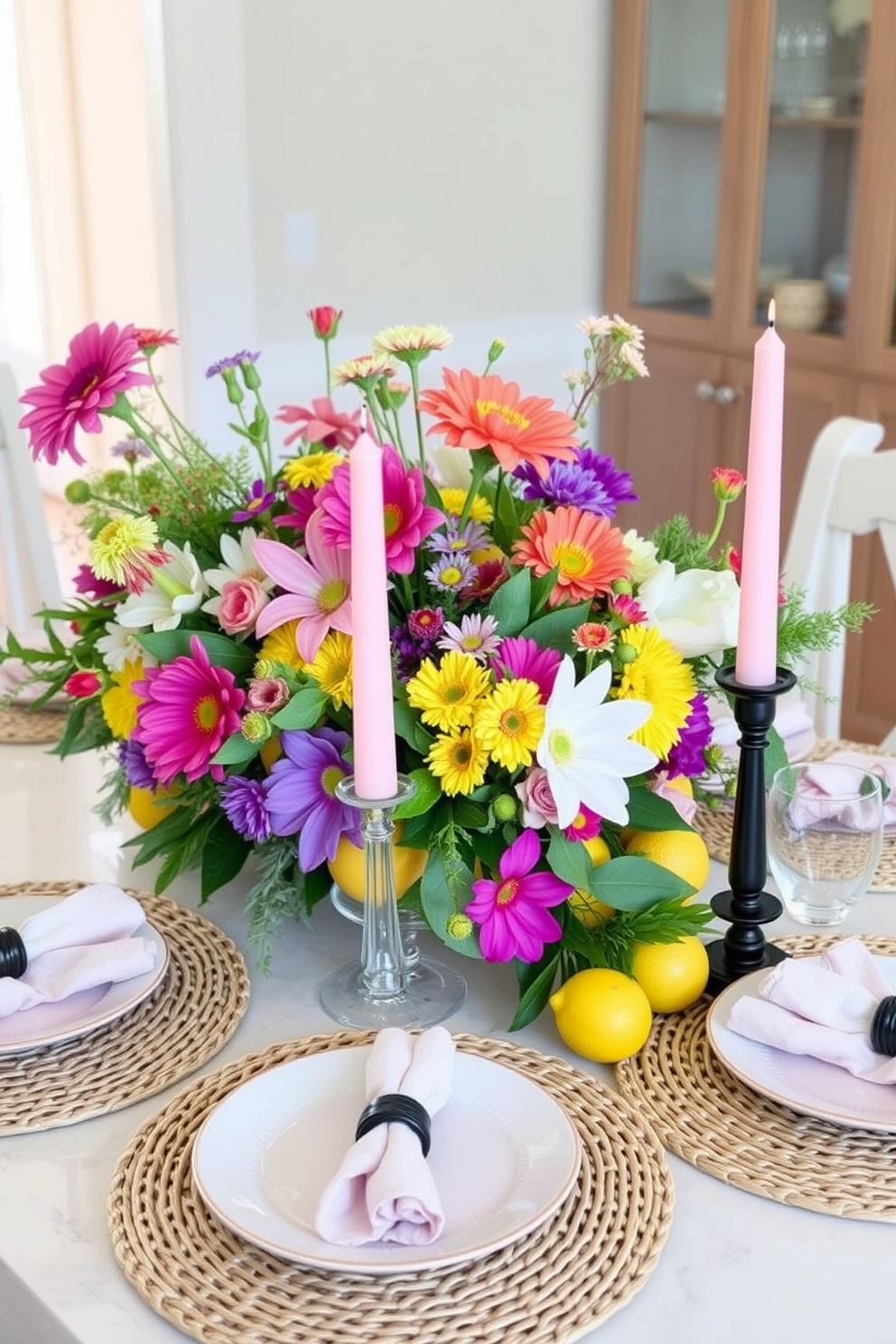 Create a vibrant summer-themed centerpiece on a dining table. Use a mix of fresh flowers in bright colors along with seasonal fruits like lemons and limes for a refreshing look. Incorporate natural elements such as greenery and woven placemats to enhance the summer vibe. Consider adding candles in pastel shades to create a warm and inviting atmosphere for gatherings.