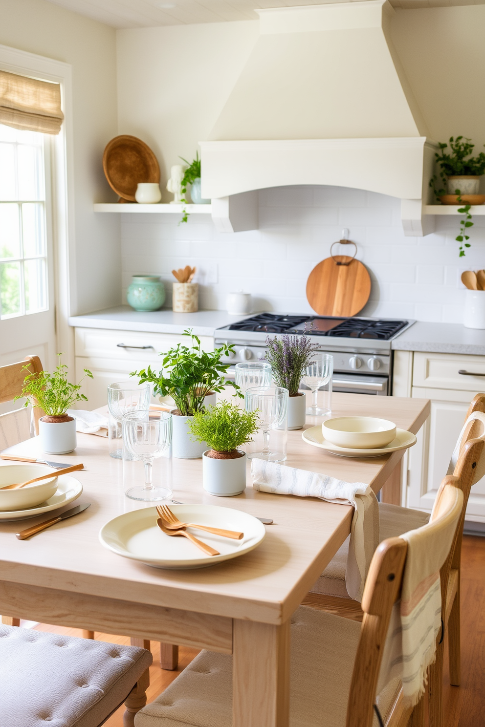 A bright and airy summer kitchen features light, casual dinnerware that enhances the cheerful atmosphere. The table is set with pastel-colored plates and mismatched glasses, creating a relaxed and inviting dining experience. Fresh herbs in small pots adorn the countertops, adding a touch of greenery and a delightful aroma. Soft linen napkins and wooden utensils complete the laid-back, summery vibe of the kitchen.