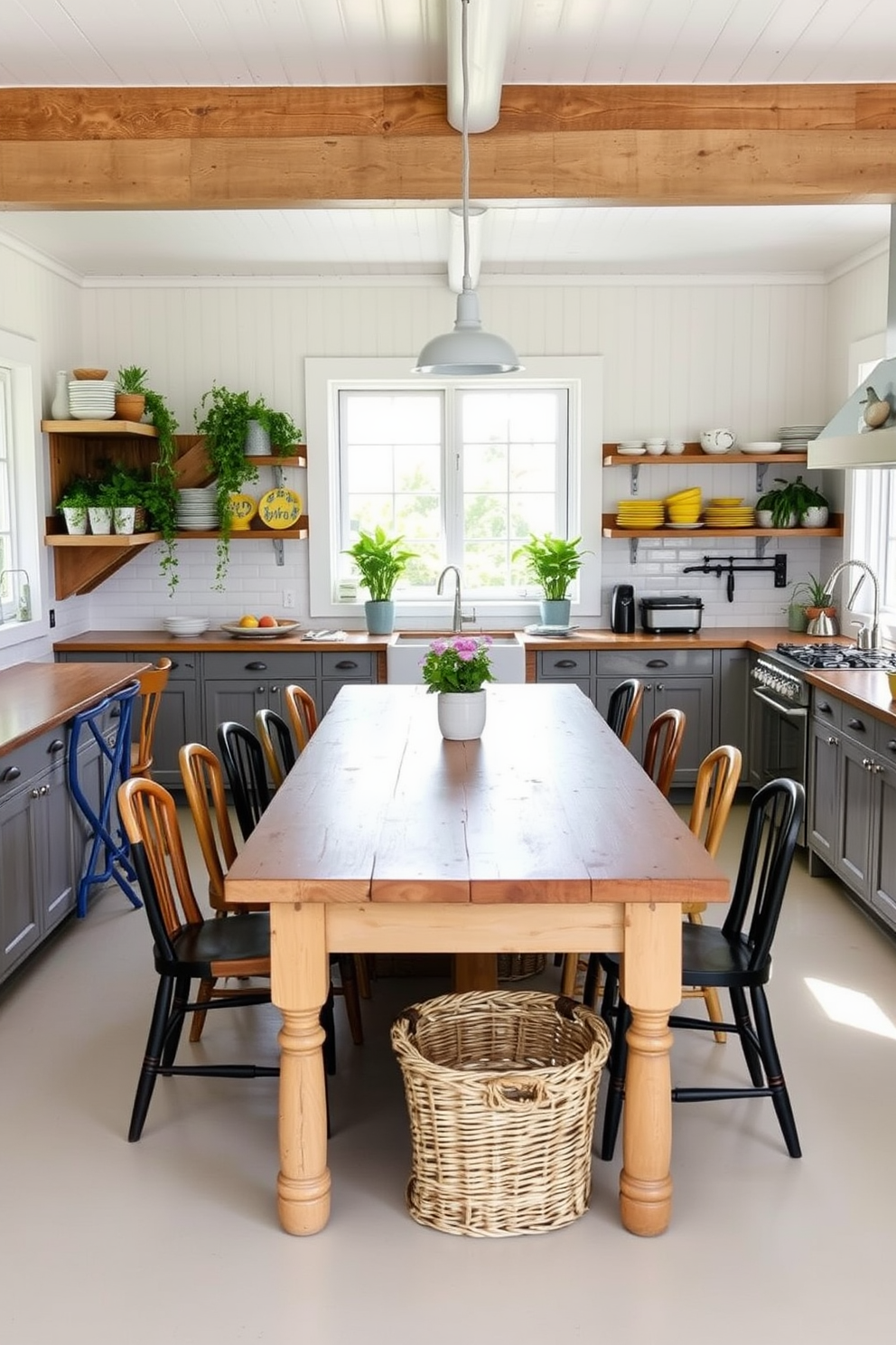 A bright and airy summer kitchen filled with natural light. The space features a large wooden dining table surrounded by mismatched chairs, creating a casual and inviting atmosphere. Open shelving made of reclaimed wood displays colorful dishware and potted herbs. A rustic wooden island with a white countertop serves as the centerpiece, complemented by woven baskets for storage.