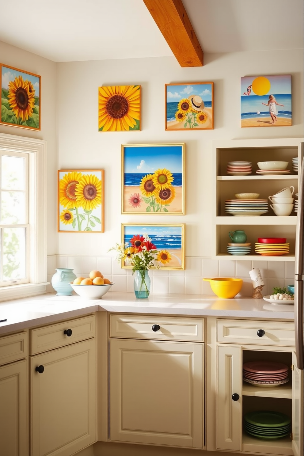 A bright and airy summer kitchen features walls adorned with vibrant summer-themed artwork depicting sunflowers and beach scenes. The decor includes light-colored cabinetry and open shelving displaying colorful dishware to enhance the cheerful atmosphere.