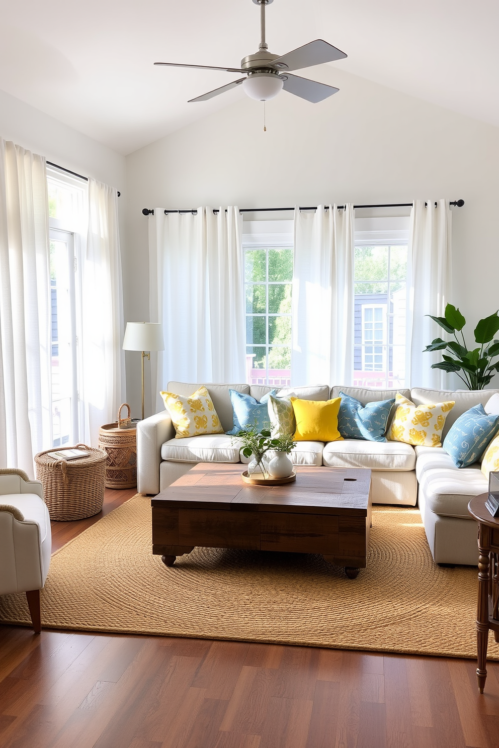 A bright and inviting summer living room filled with natural light. The space features light and airy linen curtains that flow freely, allowing gentle breezes to enter. A comfortable sectional sofa is adorned with colorful throw pillows in shades of blue and yellow. A large coffee table made of reclaimed wood sits in the center, surrounded by a woven area rug that adds texture to the room.