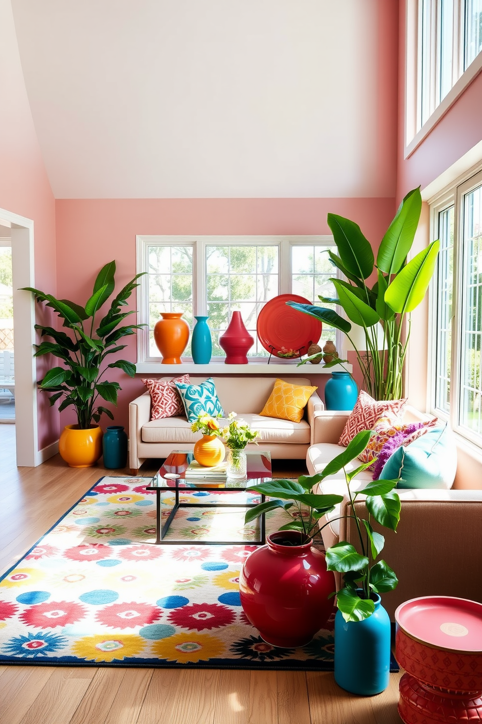 Brightly colored ceramic decor pieces shine in a vibrant summer living room. The space features a light, airy atmosphere with large windows allowing natural light to flood in, highlighting the cheerful hues of the decor. Plush, comfortable seating in soft fabrics invites relaxation, while a bold area rug ties the room together with its playful patterns. Lush green plants are strategically placed to enhance the lively ambiance, creating a refreshing retreat perfect for summer gatherings.