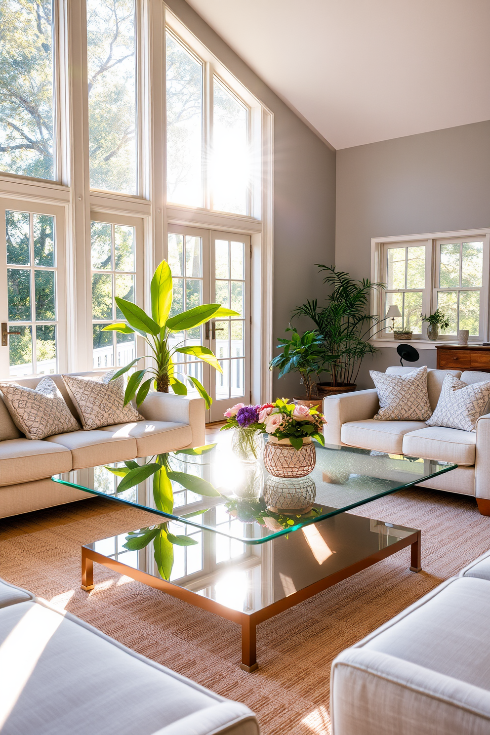 A bright and airy summer living room features a glass coffee table that beautifully reflects the warm sunlight streaming through large windows. Surrounding the table, comfortable seating in light fabrics invites relaxation, while vibrant green plants add a touch of nature to the space.