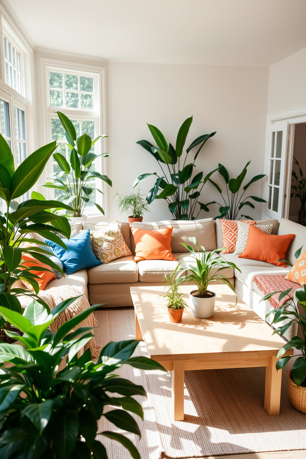 A bright summer living room filled with natural light. Lush indoor plants are strategically placed around the space, enhancing the fresh atmosphere. The seating area features a comfortable sectional sofa adorned with colorful throw pillows. A light wooden coffee table sits in the center, surrounded by potted plants of varying heights.