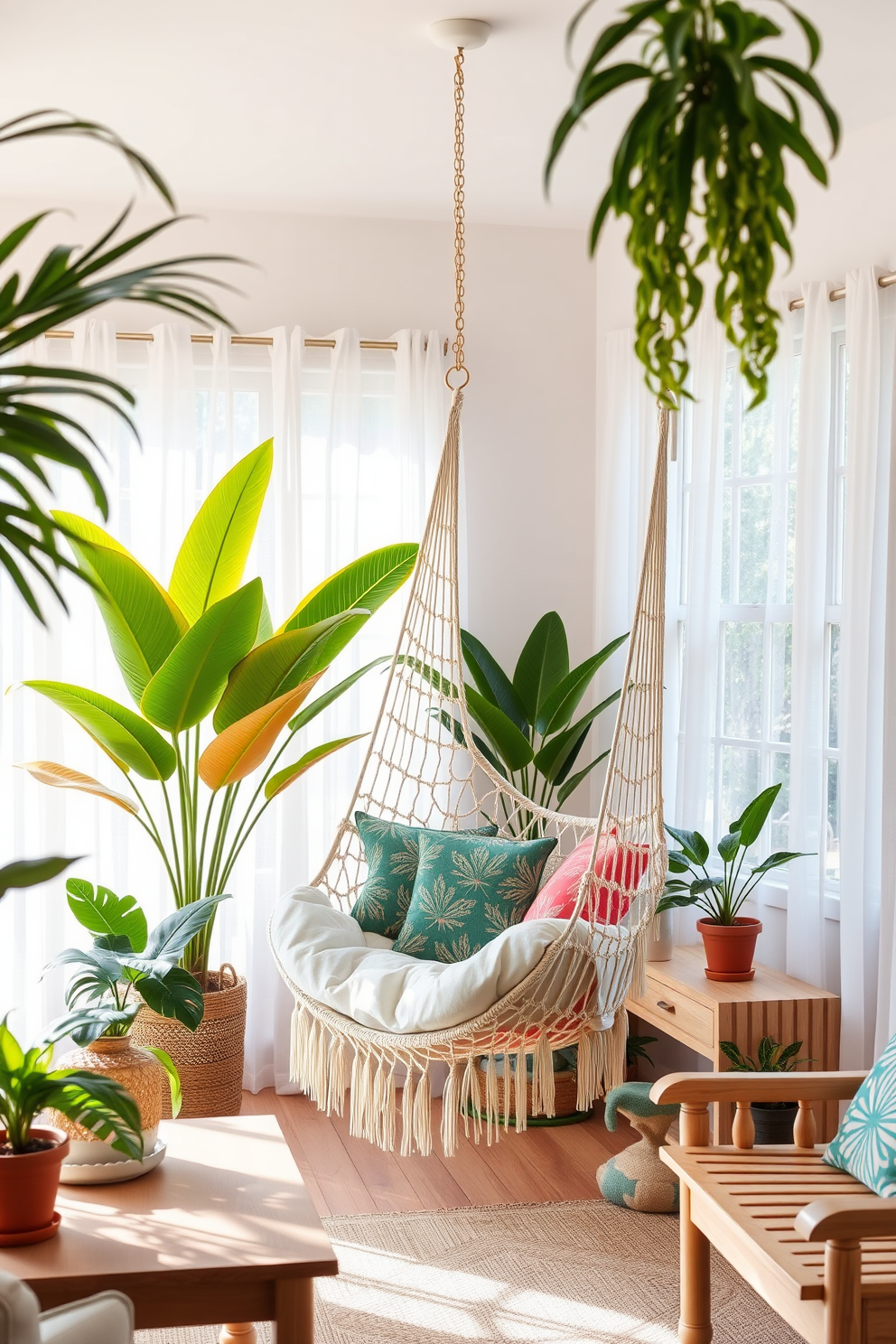 A cozy summer living room featuring a hammock chair suspended from the ceiling. The room is filled with natural light, and vibrant tropical plants are placed in every corner to enhance the relaxed atmosphere. The hammock chair is made of soft, breathable fabric and is adorned with colorful cushions for added comfort. Surrounding the chair, light wooden furniture complements the airy feel, while sheer curtains flutter gently in the warm breeze.