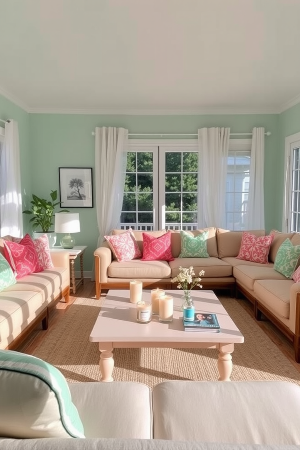 A summer living room filled with natural light and a relaxed atmosphere. The space features a large, comfortable sectional sofa adorned with vibrant throw pillows and a light, airy coffee table at the center. Scented candles with ocean breeze fragrance are strategically placed on the coffee table and window sills. The walls are painted in a soft seafoam green, complemented by sheer white curtains that flutter gently in the breeze.