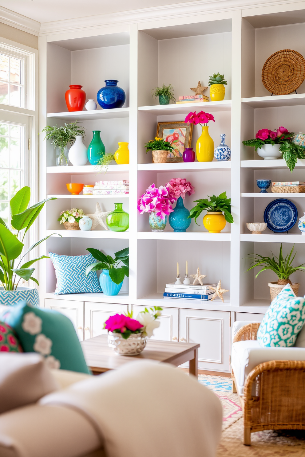 A bright and airy summer living room features open shelving adorned with vibrant summer decor. The shelves are filled with colorful vases, tropical plants, and decorative beach-themed items, creating a cheerful and inviting atmosphere.