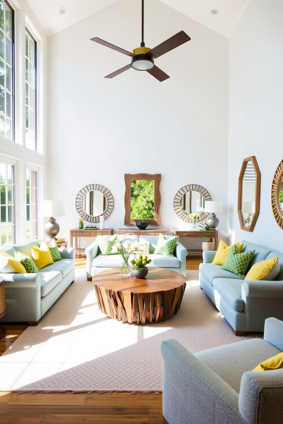 A bright summer living room featuring large floor-to-ceiling windows that invite abundant natural light. The walls are painted in a soft white, enhancing the airy atmosphere, while a plush light blue sofa is adorned with vibrant yellow and green throw pillows. In the center, a round coffee table made of reclaimed wood is surrounded by comfortable armchairs in a light fabric. Decorative mirrors are strategically placed to reflect the sunlight, creating an illusion of more space and adding depth to the room.