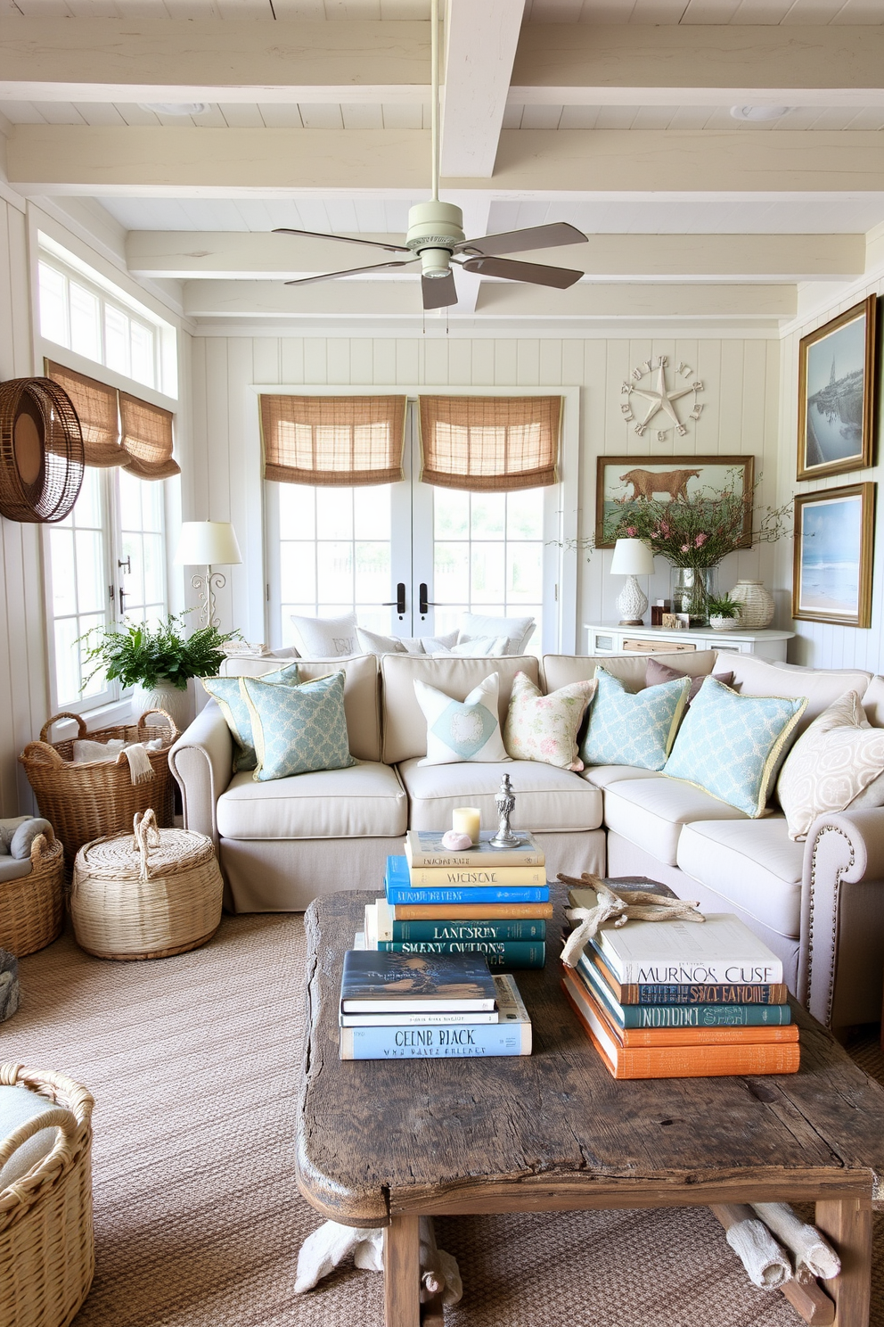 A vintage beach-themed living room filled with soft pastel colors and natural textures. There are woven baskets and driftwood accents, along with a large, comfortable sectional sofa adorned with ocean-inspired throw pillows. On a rustic coffee table, a collection of vintage beach-themed books is displayed, inviting relaxation and conversation. The walls are adorned with framed coastal art, and large windows allow natural light to fill the space, creating a warm and inviting atmosphere.