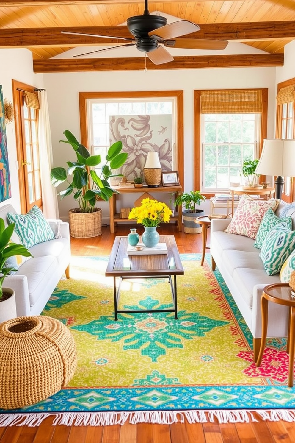 Bright area rugs in vibrant colors and patterns can be used to define different spaces within a summer living room. These rugs should complement the overall decor, adding a playful touch while enhancing comfort underfoot. Incorporate lightweight furniture with airy fabrics to create a relaxed and inviting atmosphere. Natural elements such as plants and wooden accents can further enhance the summer vibe, making the space feel fresh and welcoming.