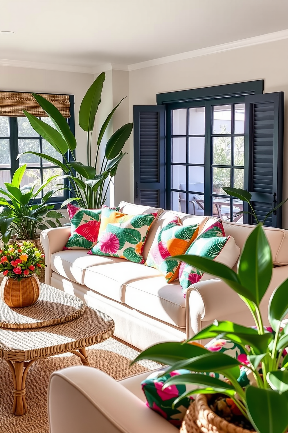 Bright tropical throw pillows add a burst of color to a sunlit summer living room. The space features a light beige sofa adorned with vibrant cushions, complemented by a woven coffee table and lush indoor plants.