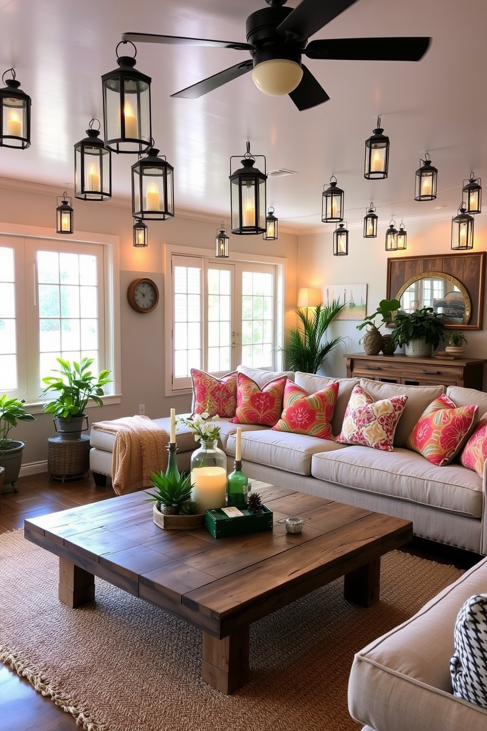 A cozy summer living room adorned with decorative lanterns casting a warm glow. The space features a large, plush sectional sofa with colorful throw pillows, complemented by a rustic coffee table made of reclaimed wood.