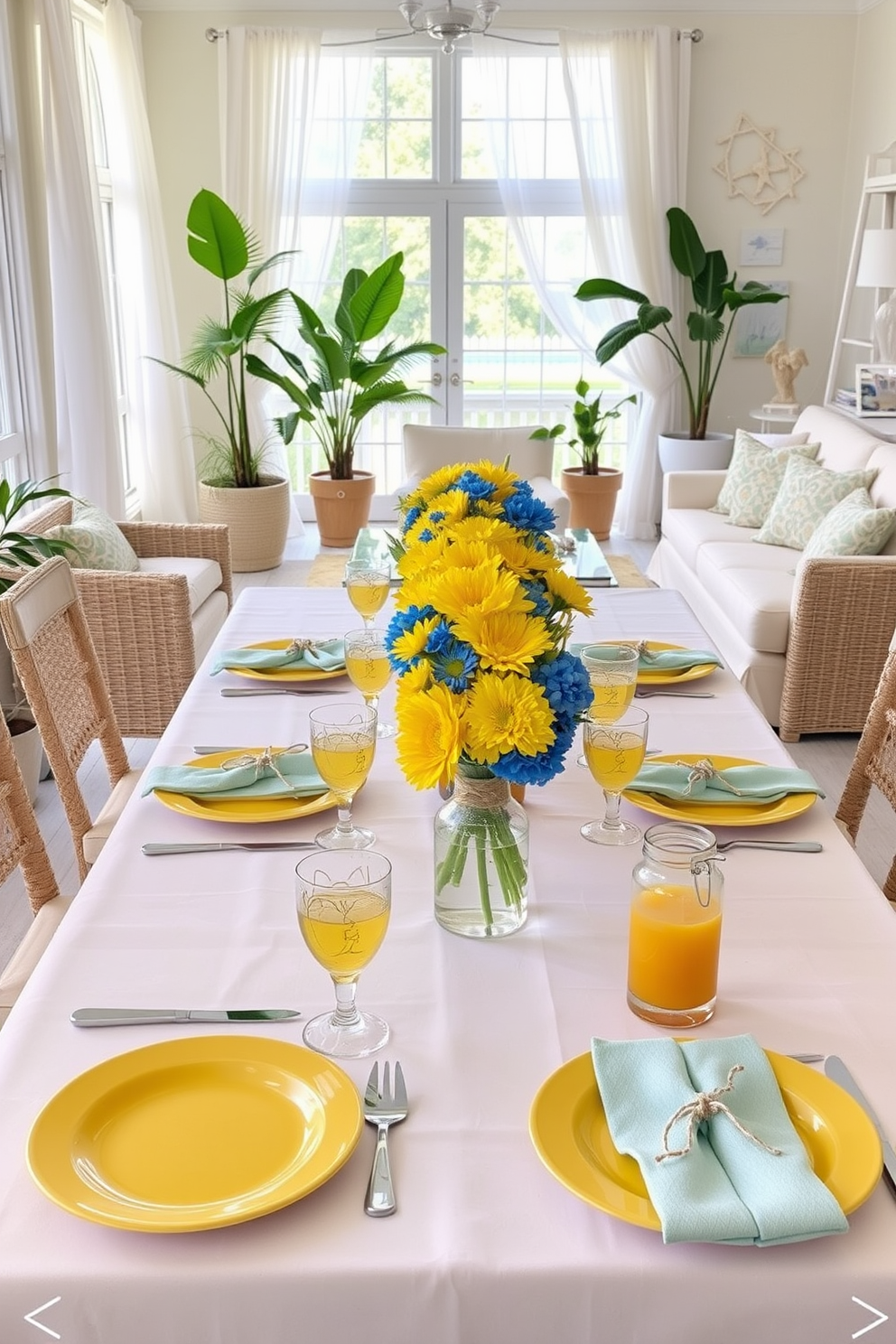 A bright and cheerful summer-themed table setting features a crisp white tablecloth adorned with vibrant yellow and blue floral centerpieces. Each place setting includes colorful dinnerware and refreshing drinks served in clear glass pitchers, complemented by decorative napkins tied with twine. For summer living room decorating ideas, imagine a spacious area filled with light, featuring soft pastel cushions on a comfortable sofa. Large windows draped with sheer curtains allow natural light to flood in, while potted plants and beach-inspired decor add a fresh, airy feel to the space.