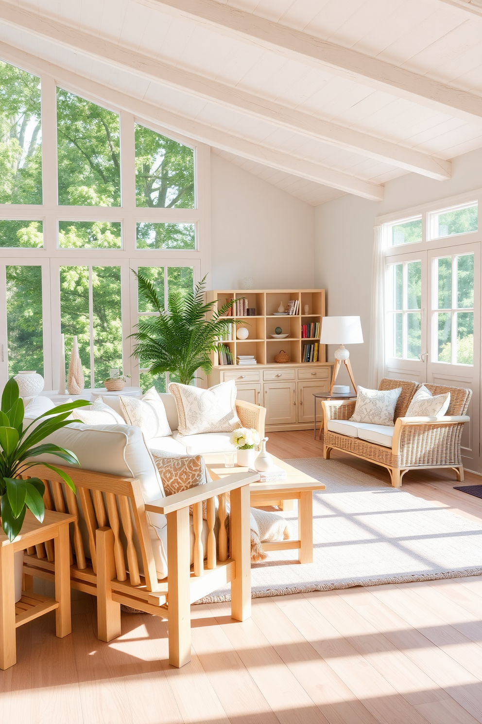 A bright summer living room filled with light wood furniture that creates an airy and inviting atmosphere. Soft pastel accents adorn the space, complemented by large windows allowing natural light to flood in.