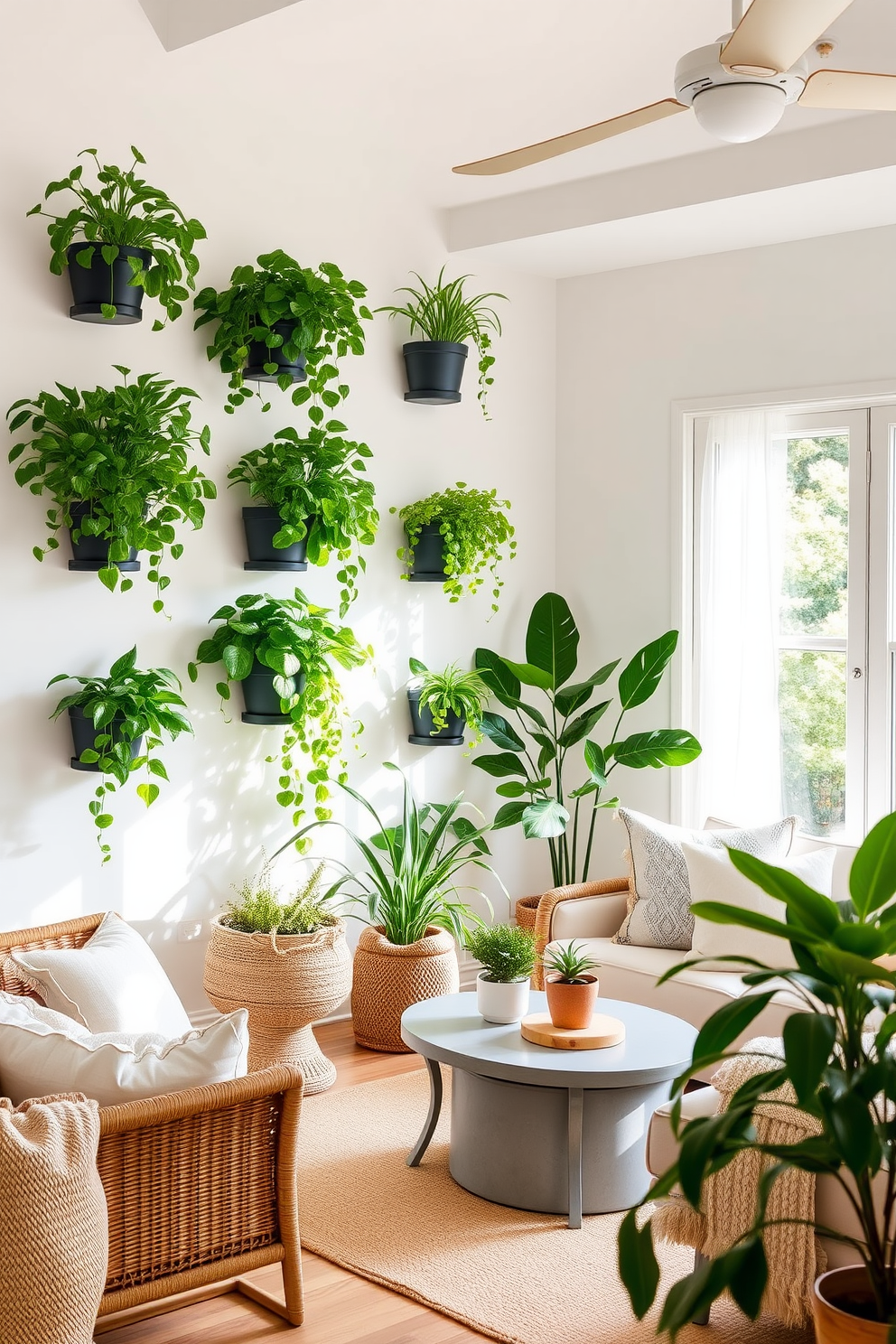 A bright and airy summer living room features wall-mounted planters filled with lush green plants creating a vibrant vertical garden. The space is adorned with light-colored furniture and soft textiles that enhance the relaxed, breezy atmosphere.