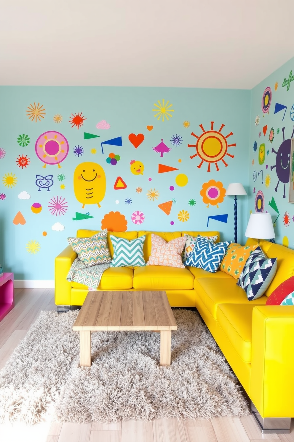 A vibrant living room filled with playful energy. The walls are adorned with colorful wall decals featuring whimsical patterns and designs that create a cheerful atmosphere. The seating area includes a bright yellow sofa paired with a mix of patterned throw pillows. A light wood coffee table sits in the center, surrounded by a plush rug that adds warmth to the space.