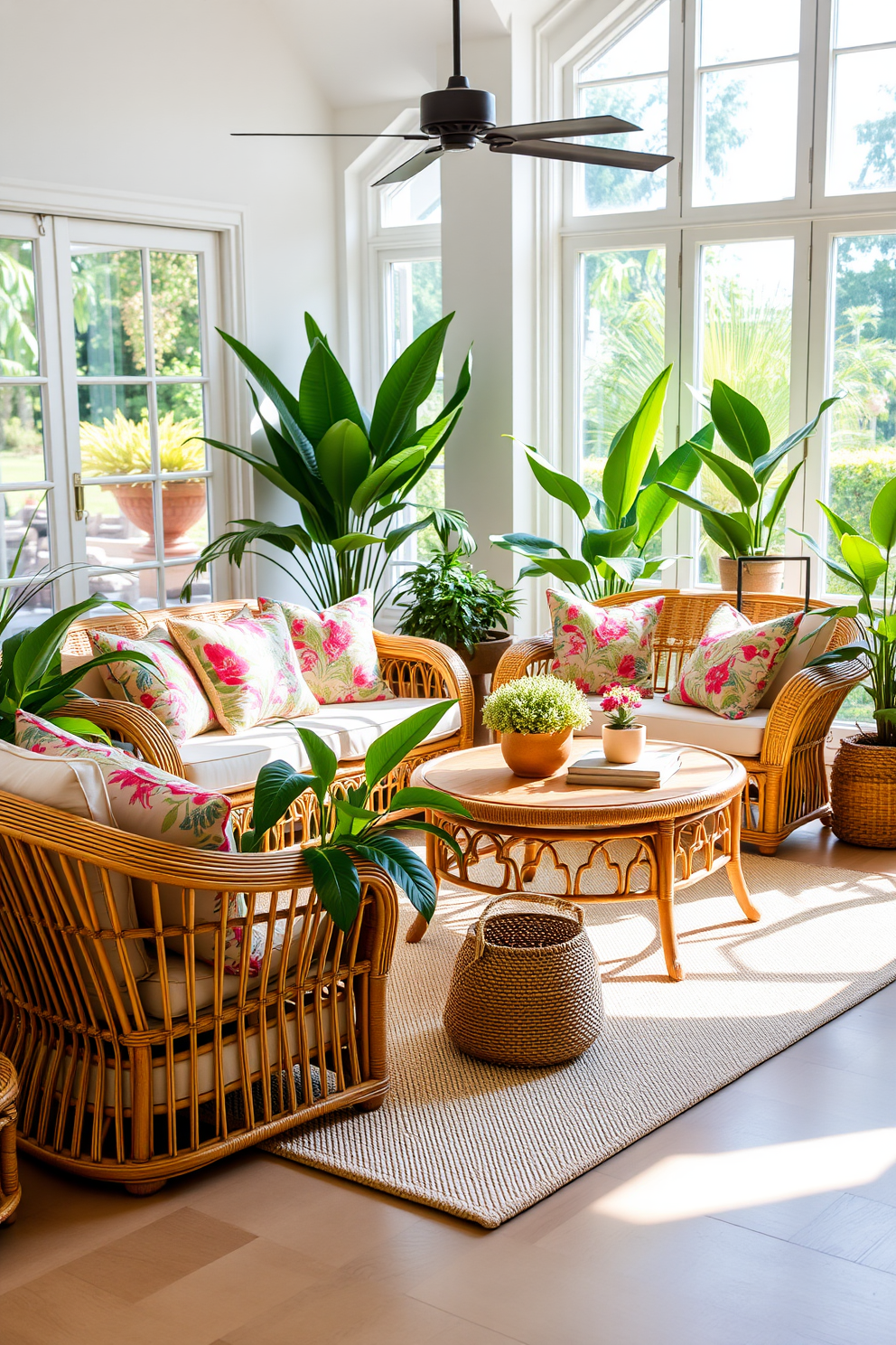 A bright and airy summer living room features rattan furniture that brings a tropical touch to the space. The seating arrangement includes a cozy rattan sofa adorned with colorful throw pillows, complemented by a matching coffee table surrounded by lush green plants. Natural light floods the room through large windows, highlighting the warm tones of the rattan. A light, breezy area rug anchors the seating area, creating an inviting atmosphere perfect for relaxation and entertaining.