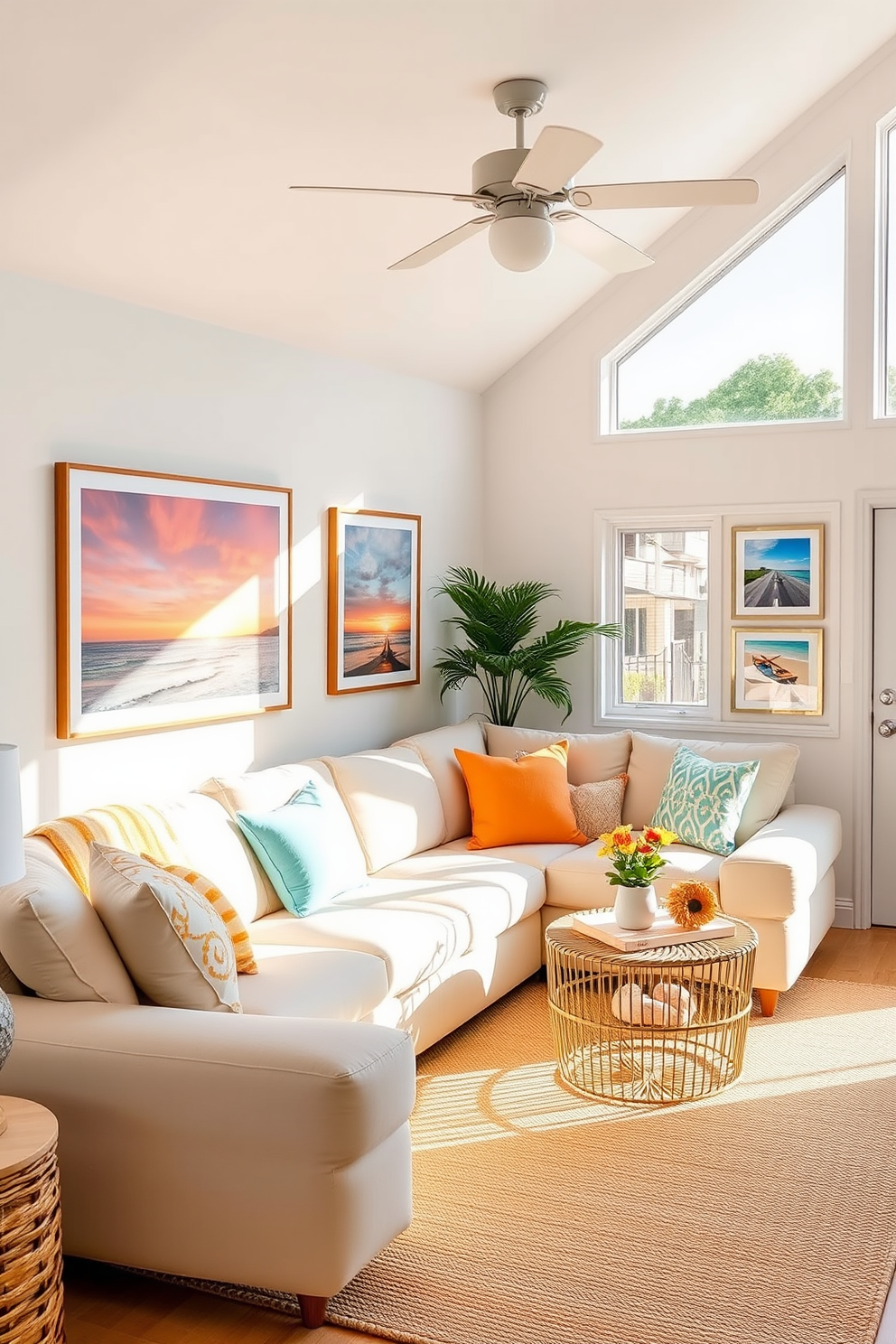 A bright and airy summer living room filled with natural light. The walls are adorned with framed summer photos showcasing beach scenes and vibrant sunsets, adding a personal touch to the space. A comfortable sectional sofa in soft pastel colors invites relaxation. Bright throw pillows and a light woven rug complement the decor, creating a cheerful and welcoming atmosphere.