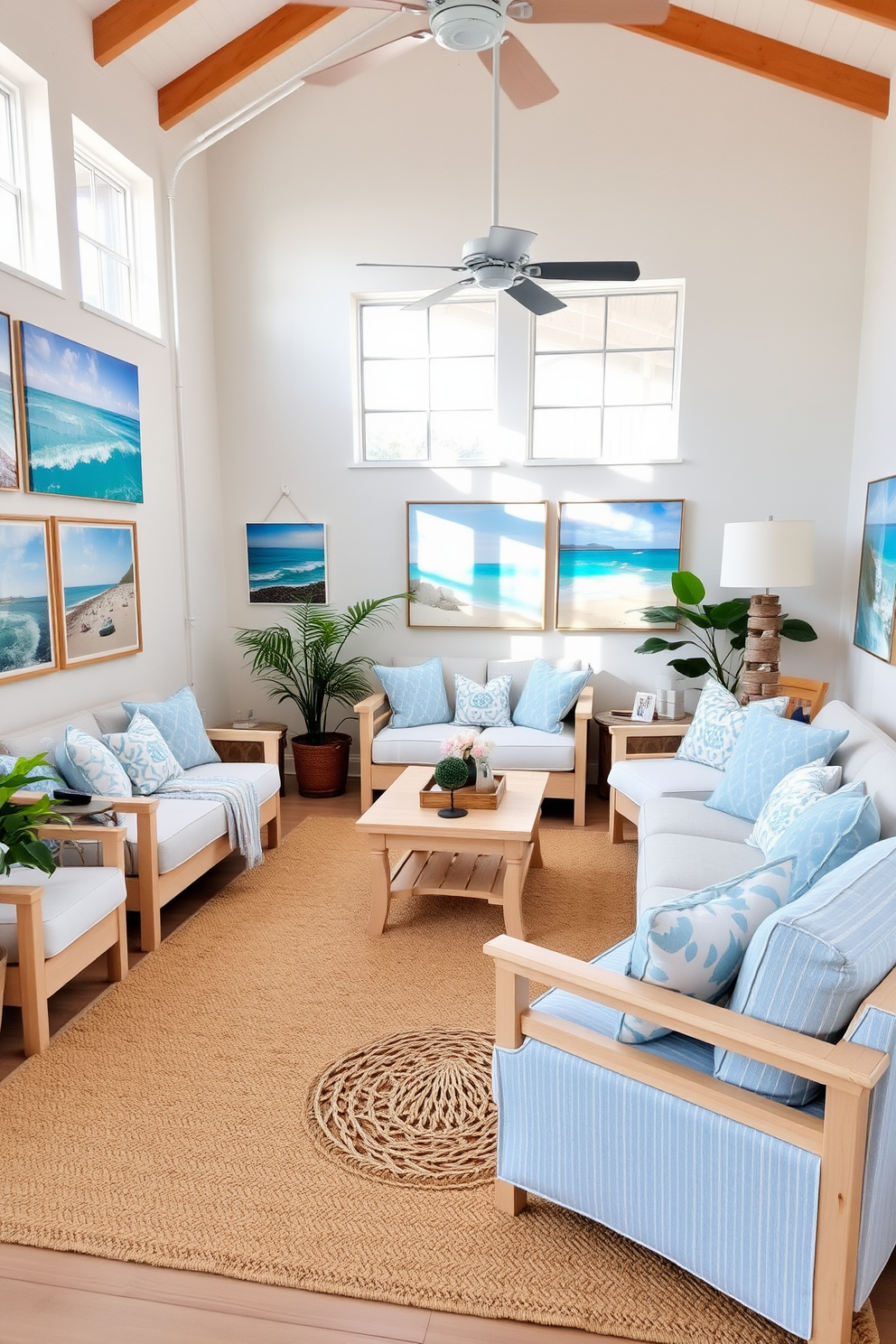 Coastal-themed artwork adorns the walls, featuring vibrant ocean scenes and serene beach landscapes. The room is filled with natural light, creating an inviting atmosphere perfect for relaxation. Soft, airy fabrics in shades of blue and white are used for the furniture, complemented by light wood accents. A large, plush area rug in sandy tones anchors the space, while potted plants add a touch of greenery.