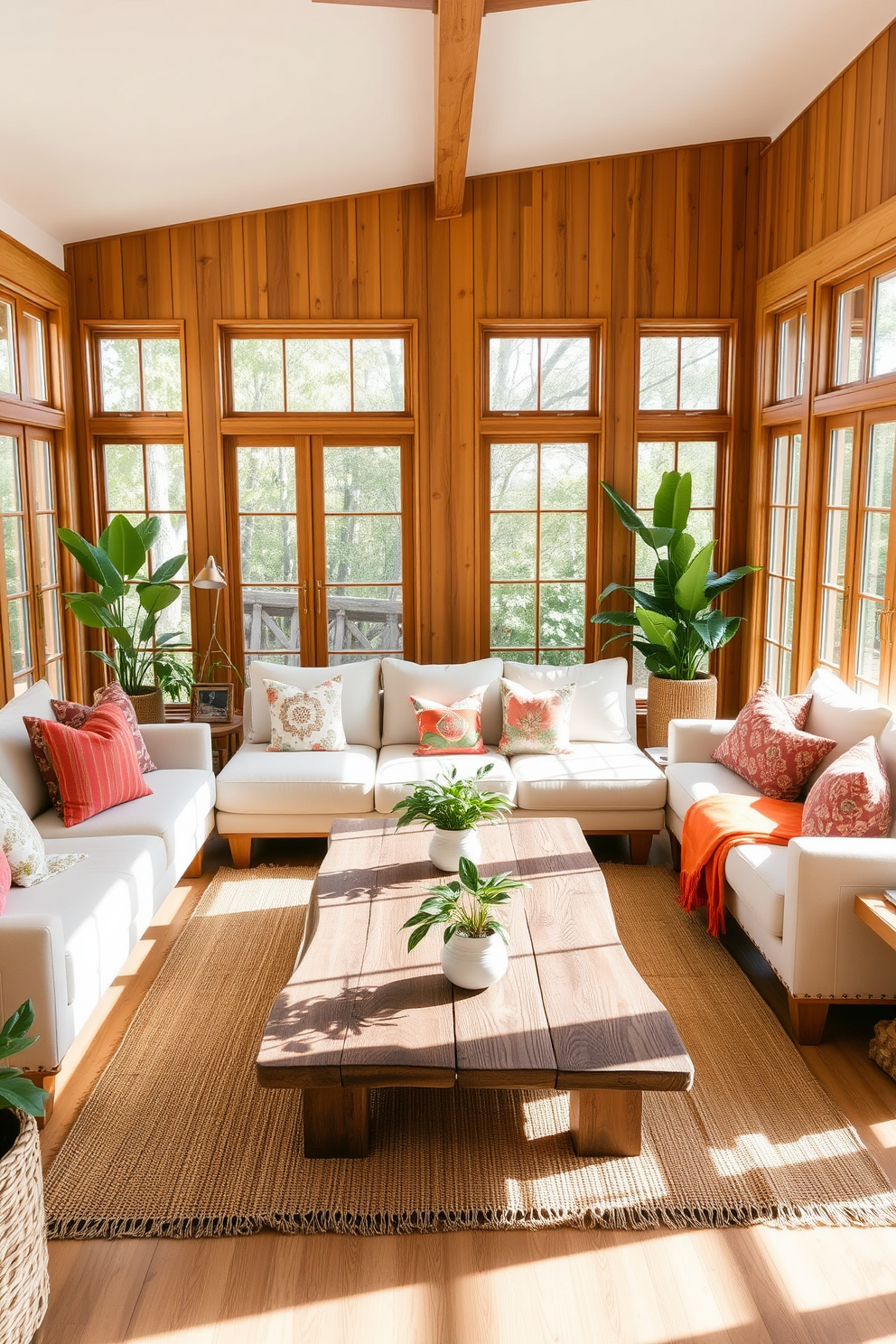 A summer living room filled with natural wood accents that create warmth and charm. The space features a large light-colored sofa adorned with vibrant throw pillows and a rustic wooden coffee table at the center. Floor-to-ceiling windows allow ample sunlight to flood the room, highlighting the natural textures of the decor. Potted plants are strategically placed throughout, bringing a refreshing touch of nature indoors.