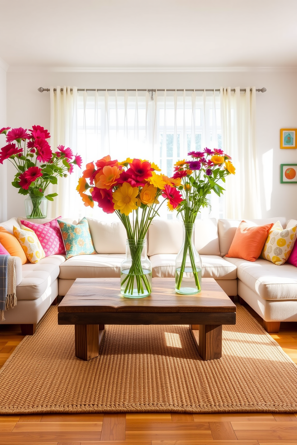 Fresh flowers in vibrant vases bring life to a sunlit summer living room. The space features a comfortable sectional sofa adorned with colorful throw pillows, and a large coffee table made of reclaimed wood sits in the center. Light sheer curtains flutter gently in the warm breeze, allowing natural light to fill the room. A woven area rug adds texture to the hardwood floor, while a gallery wall of cheerful art pieces enhances the inviting atmosphere.