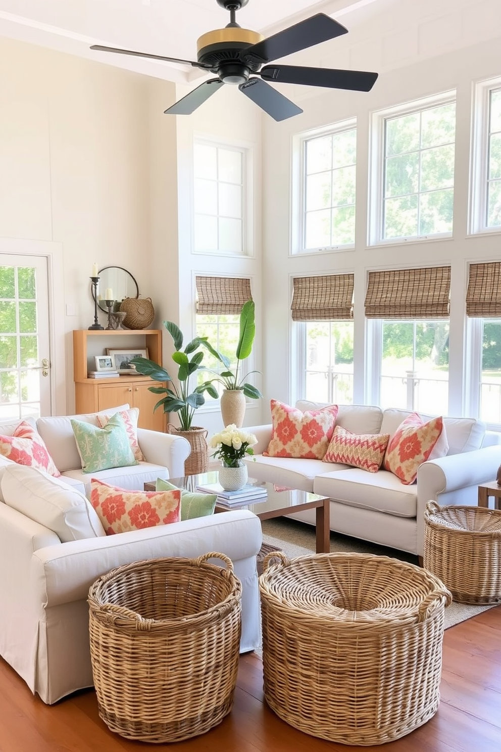 A bright and airy summer living room features woven baskets strategically placed around the space for both storage and texture. The room is adorned with light-colored furniture, vibrant throw pillows, and large windows that let in plenty of natural light, creating a cozy yet refreshing atmosphere.