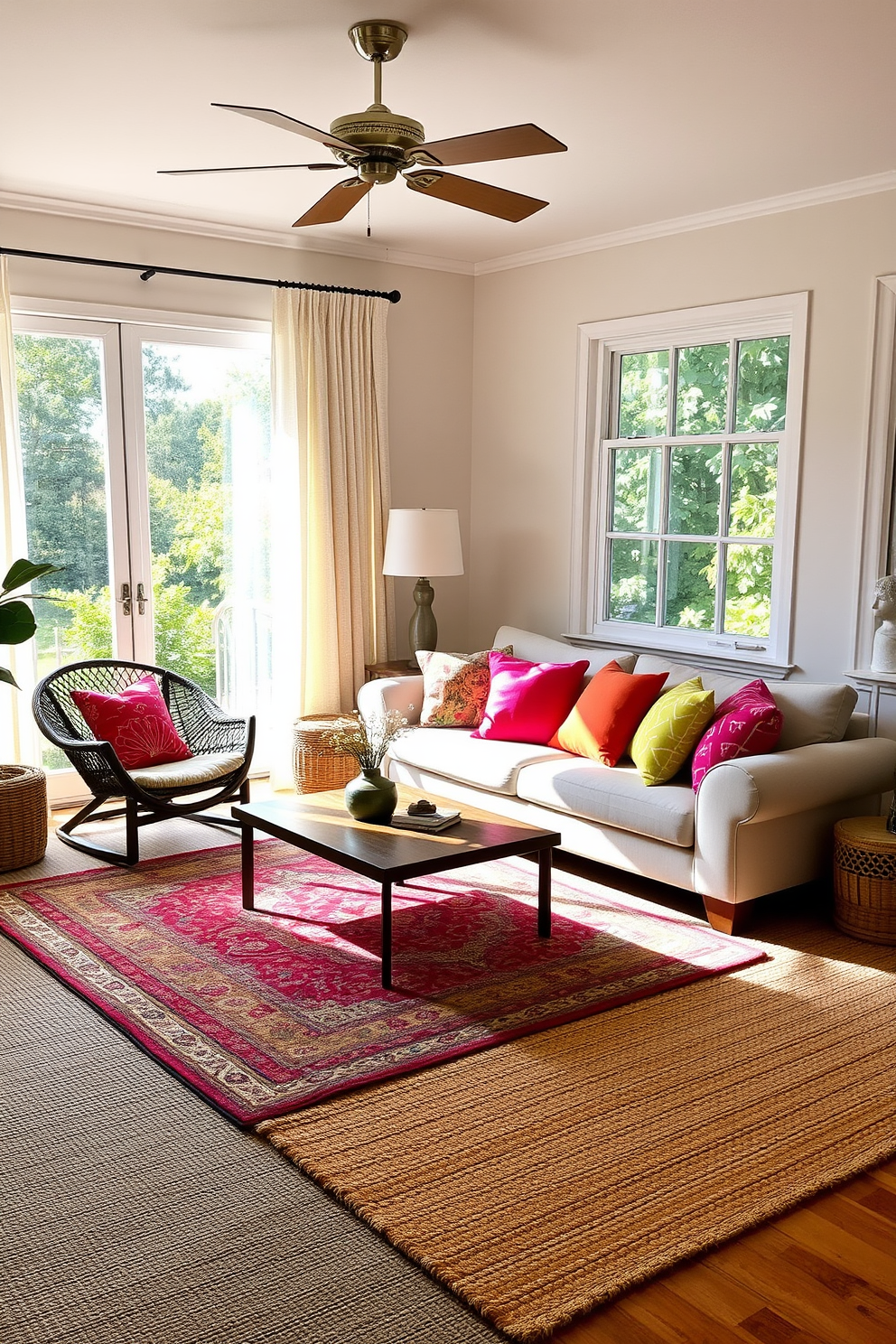 A cozy summer living room features layered rugs that add warmth and texture to the space. The main rug is a large neutral jute design, while a smaller colorful Persian rug is placed on top to create visual interest and comfort underfoot. Bright throw pillows in vibrant colors are scattered across a plush sofa, inviting relaxation and enjoyment. Large windows allow natural light to flood the room, enhancing the cheerful atmosphere with light, airy curtains that flutter gently in the breeze.