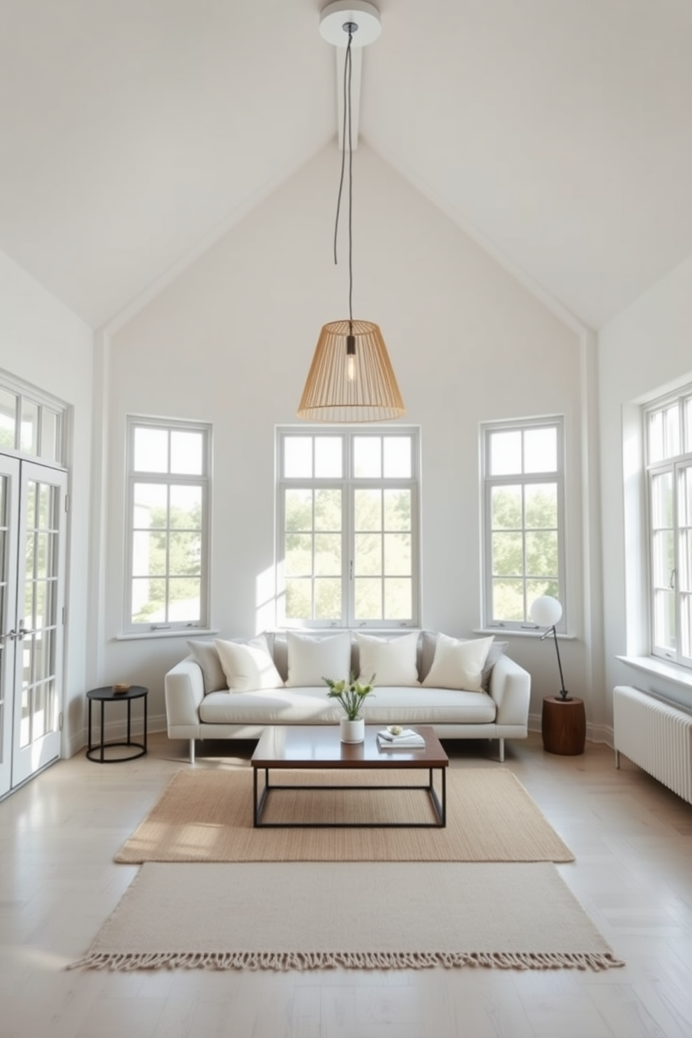 A bright and airy summer loft space featuring large windows that allow natural light to flood the room. The walls are painted in a soft white, complemented by light wooden flooring that enhances the open feel of the area. In the center of the room, a statement pendant light fixture hangs gracefully from the ceiling, creating a focal point above a cozy seating arrangement. Plush cushions in pastel shades adorn a modern sofa, while a stylish coffee table sits atop a textured area rug.