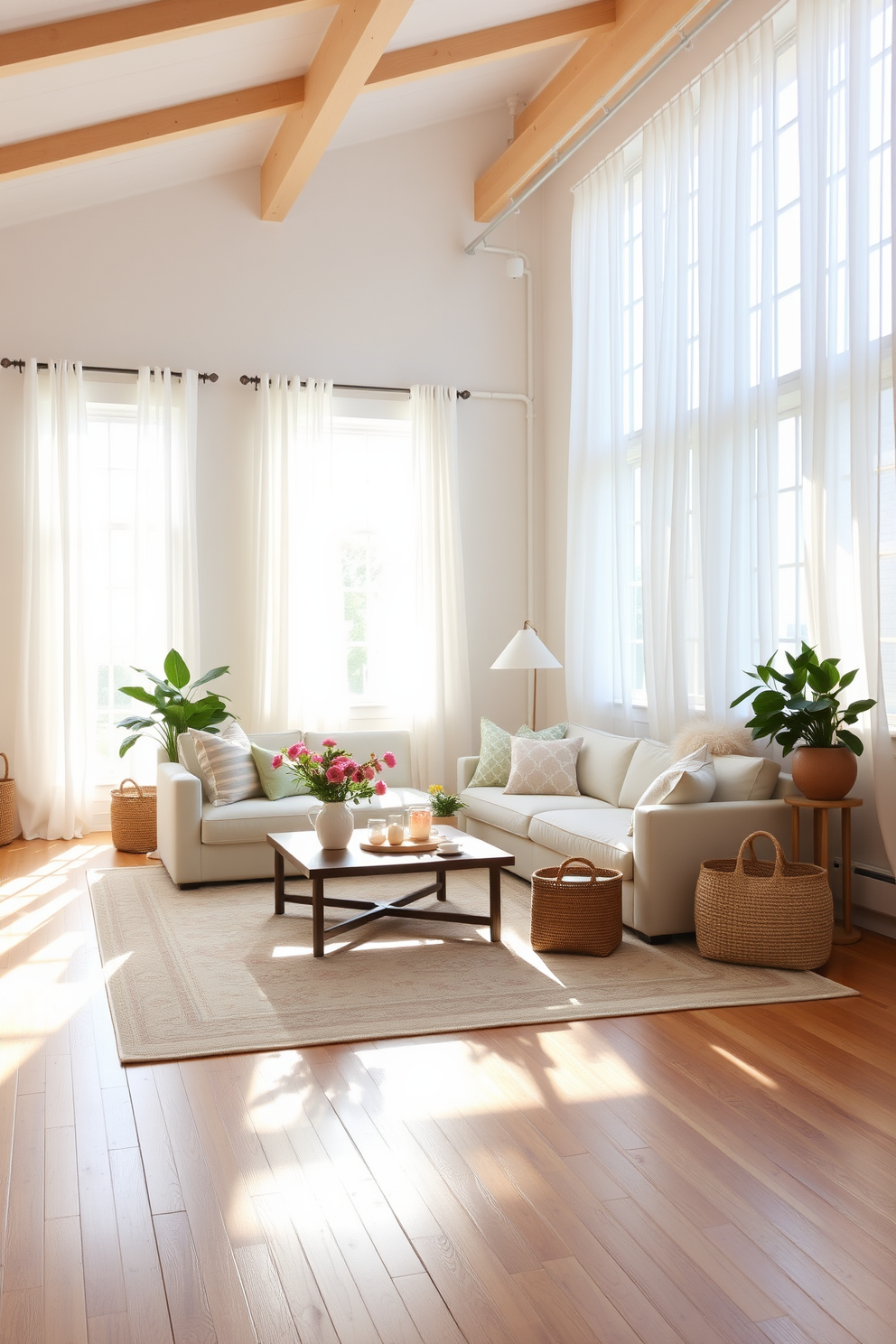 A bright and airy summer loft filled with natural light. The space features a large area rug in soft pastel colors that adds comfort and warmth to the hardwood floor. A cozy seating area is arranged around a low coffee table, adorned with fresh flowers and summer-themed decor. Floor-to-ceiling windows are draped with sheer white curtains, allowing gentle sunlight to filter through.